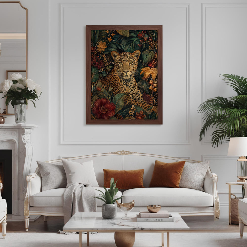Jungle Leopard Wall Art, Canvas Print, Poster, Framed Canvas, Dark Floral Animal Decor, Tropical Botanical Artwork, Eclectic Home Accent