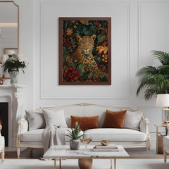 Jungle Leopard Wall Art, Canvas Print, Poster, Framed Canvas, Dark Floral Animal Decor, Tropical Botanical Artwork, Eclectic Home Accent