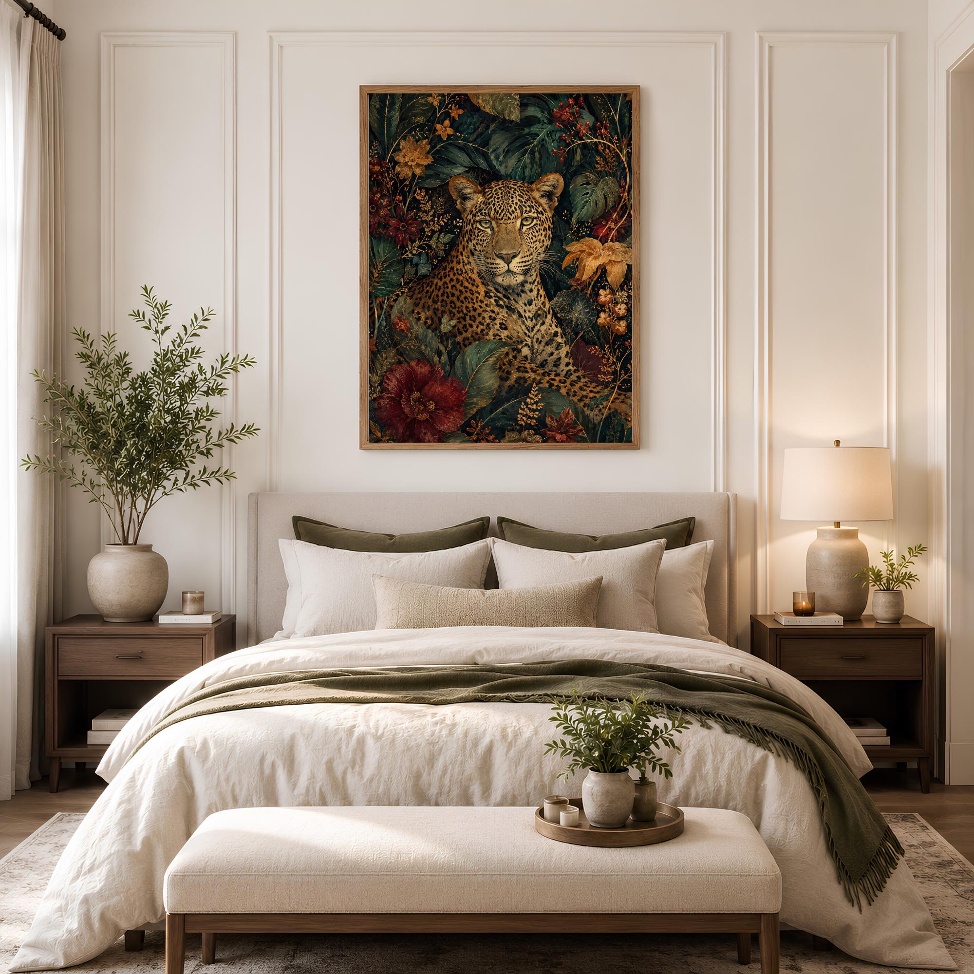 Jungle Leopard Wall Art, Canvas Print, Poster, Framed Canvas, Dark Floral Animal Decor, Tropical Botanical Artwork, Eclectic Home Accent