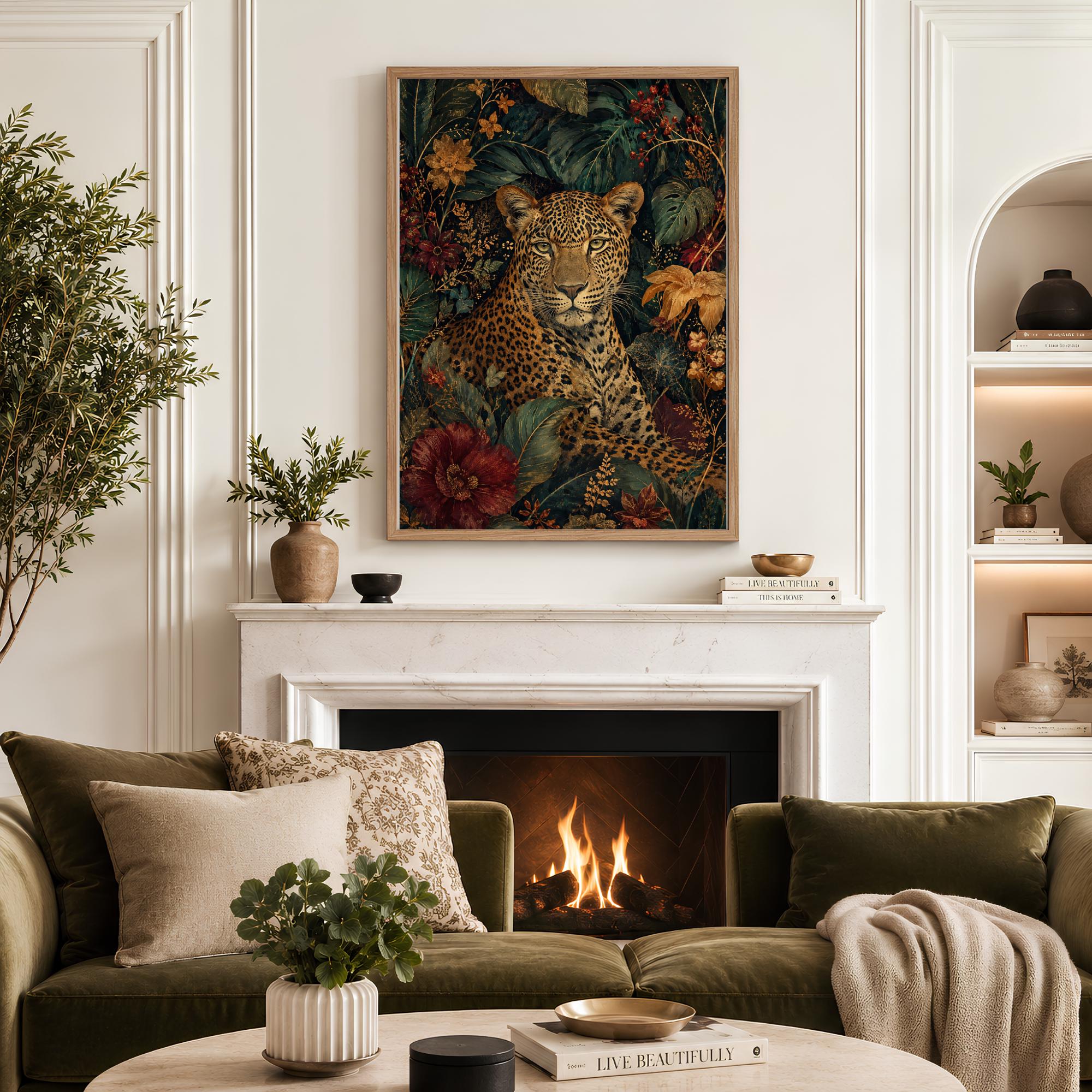 Jungle Leopard Wall Art, Canvas Print, Poster, Framed Canvas, Dark Floral Animal Decor, Tropical Botanical Artwork, Eclectic Home Accent