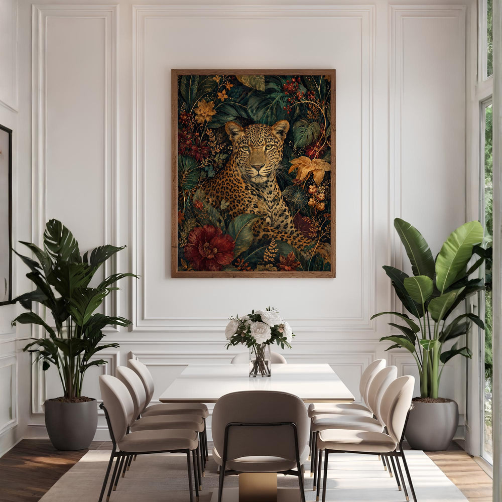 Jungle Leopard Wall Art, Canvas Print, Poster, Framed Canvas, Dark Floral Animal Decor, Tropical Botanical Artwork, Eclectic Home Accent