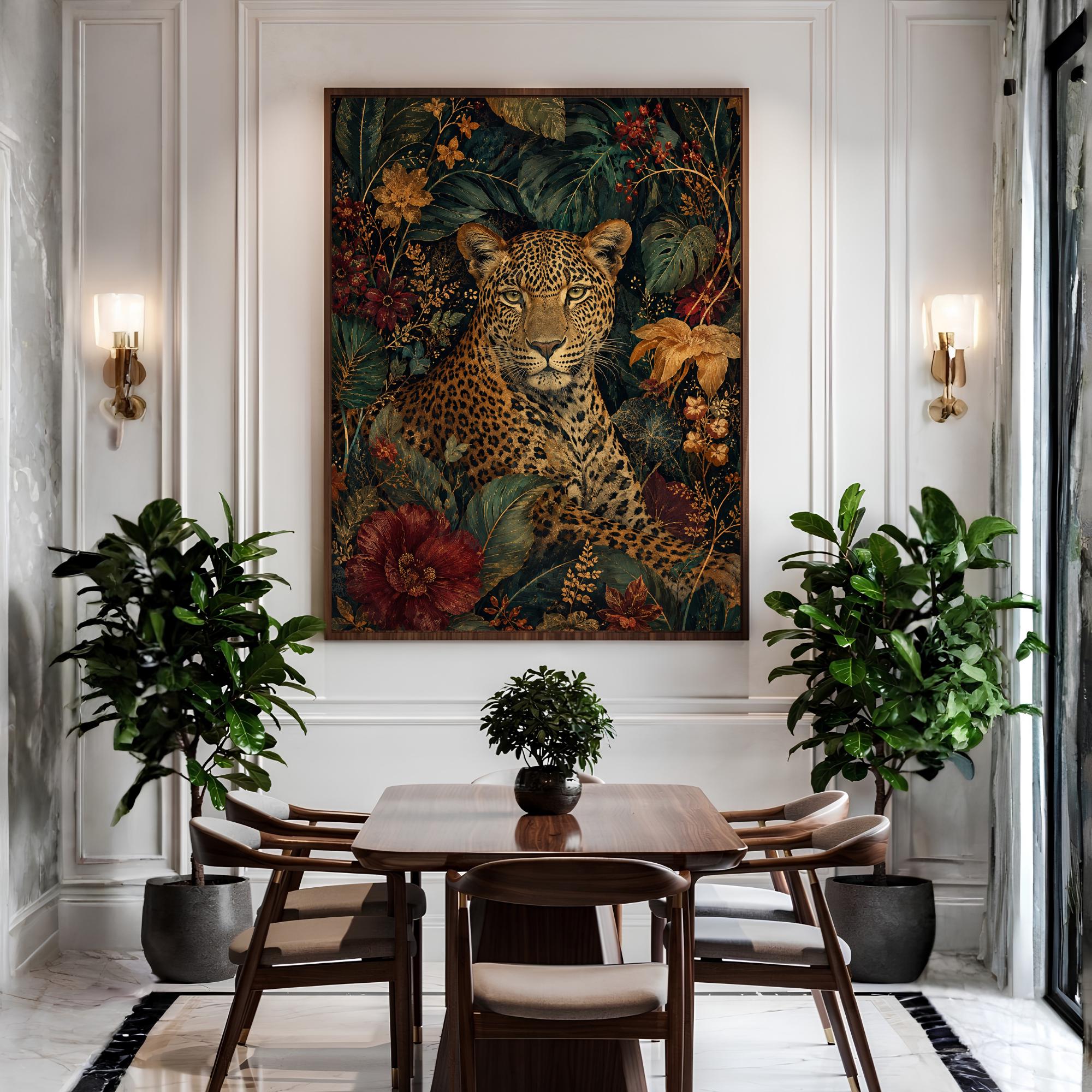 Jungle Leopard Wall Art, Canvas Print, Poster, Framed Canvas, Dark Floral Animal Decor, Tropical Botanical Artwork, Eclectic Home Accent