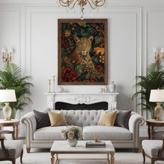 Jungle Leopard Wall Art, Canvas Print, Poster, Framed Canvas, Dark Floral Animal Decor, Tropical Botanical Artwork, Eclectic Home Accent
