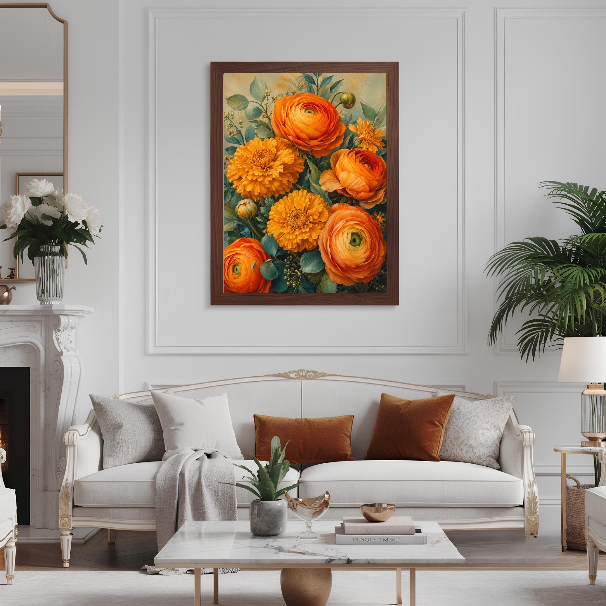 Marigold Flower Wall Art, Canvas Print, Poster, Framed Canvas, Warm Botanical Decor, Vintage Garden Artwork For Cozy Bedroom Accent