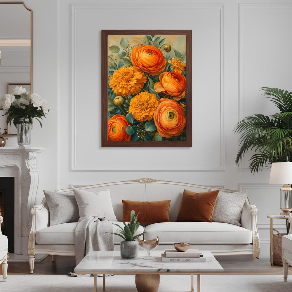 Marigold Flower Wall Art, Canvas Print, Poster, Framed Canvas, Warm Botanical Decor, Vintage Garden Artwork For Cozy Bedroom Accent