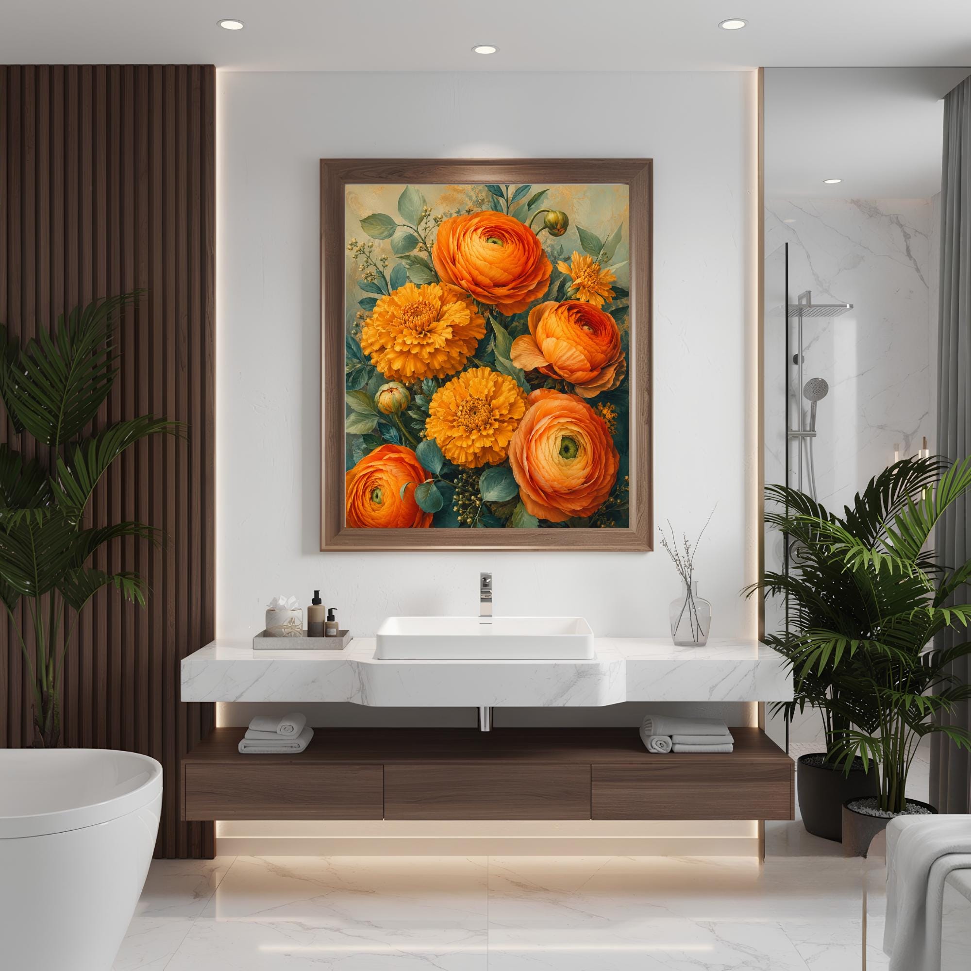 Marigold Flower Wall Art, Canvas Print, Poster, Framed Canvas, Warm Botanical Decor, Vintage Garden Artwork For Cozy Bedroom Accent