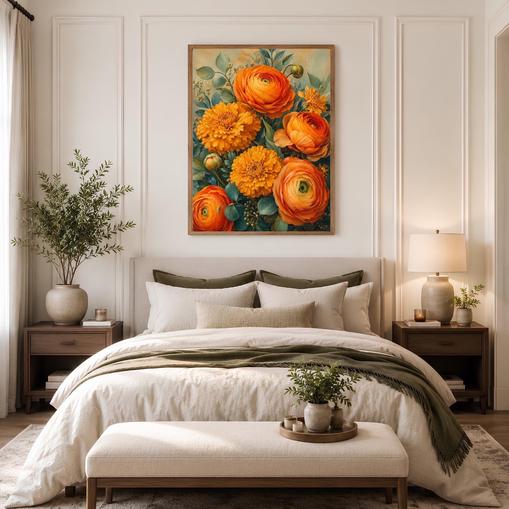 Marigold Flower Wall Art, Canvas Print, Poster, Framed Canvas, Warm Botanical Decor, Vintage Garden Artwork For Cozy Bedroom Accent