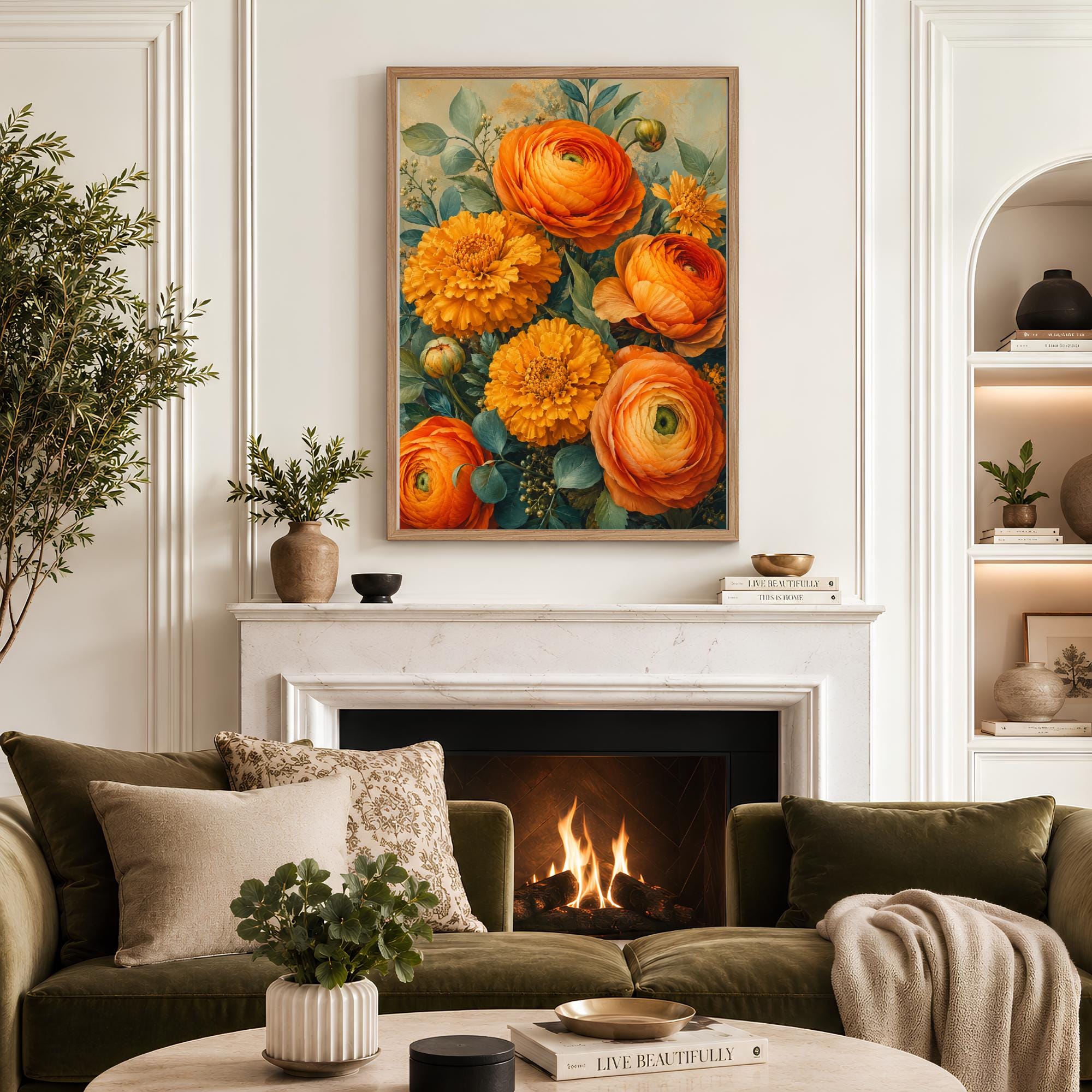 Marigold Flower Wall Art, Canvas Print, Poster, Framed Canvas, Warm Botanical Decor, Vintage Garden Artwork For Cozy Bedroom Accent
