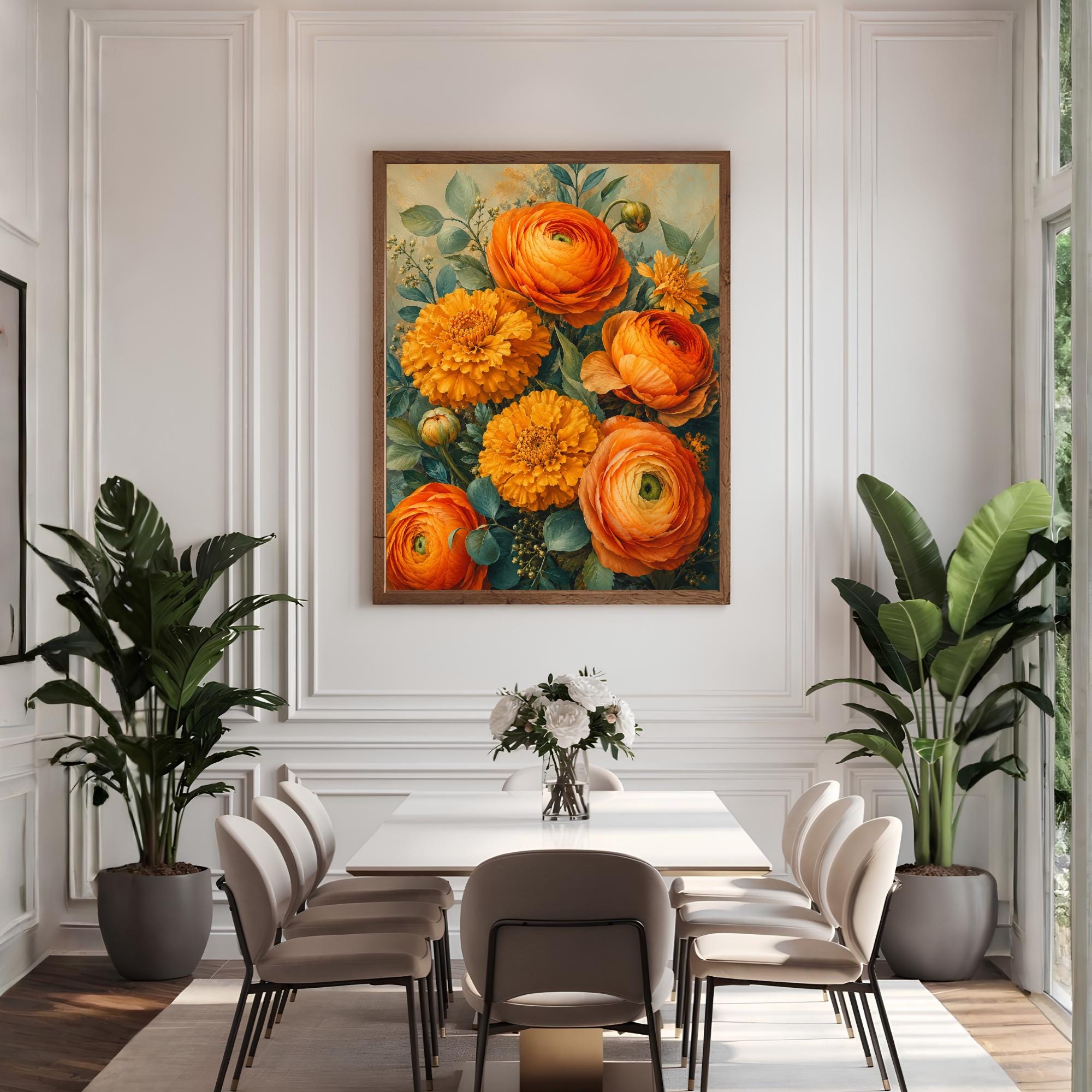 Marigold Flower Wall Art, Canvas Print, Poster, Framed Canvas, Warm Botanical Decor, Vintage Garden Artwork For Cozy Bedroom Accent