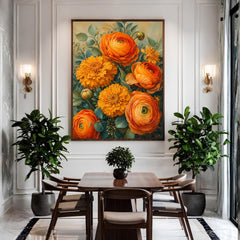 Marigold Flower Wall Art, Canvas Print, Poster, Framed Canvas, Warm Botanical Decor, Vintage Garden Artwork For Cozy Bedroom Accent