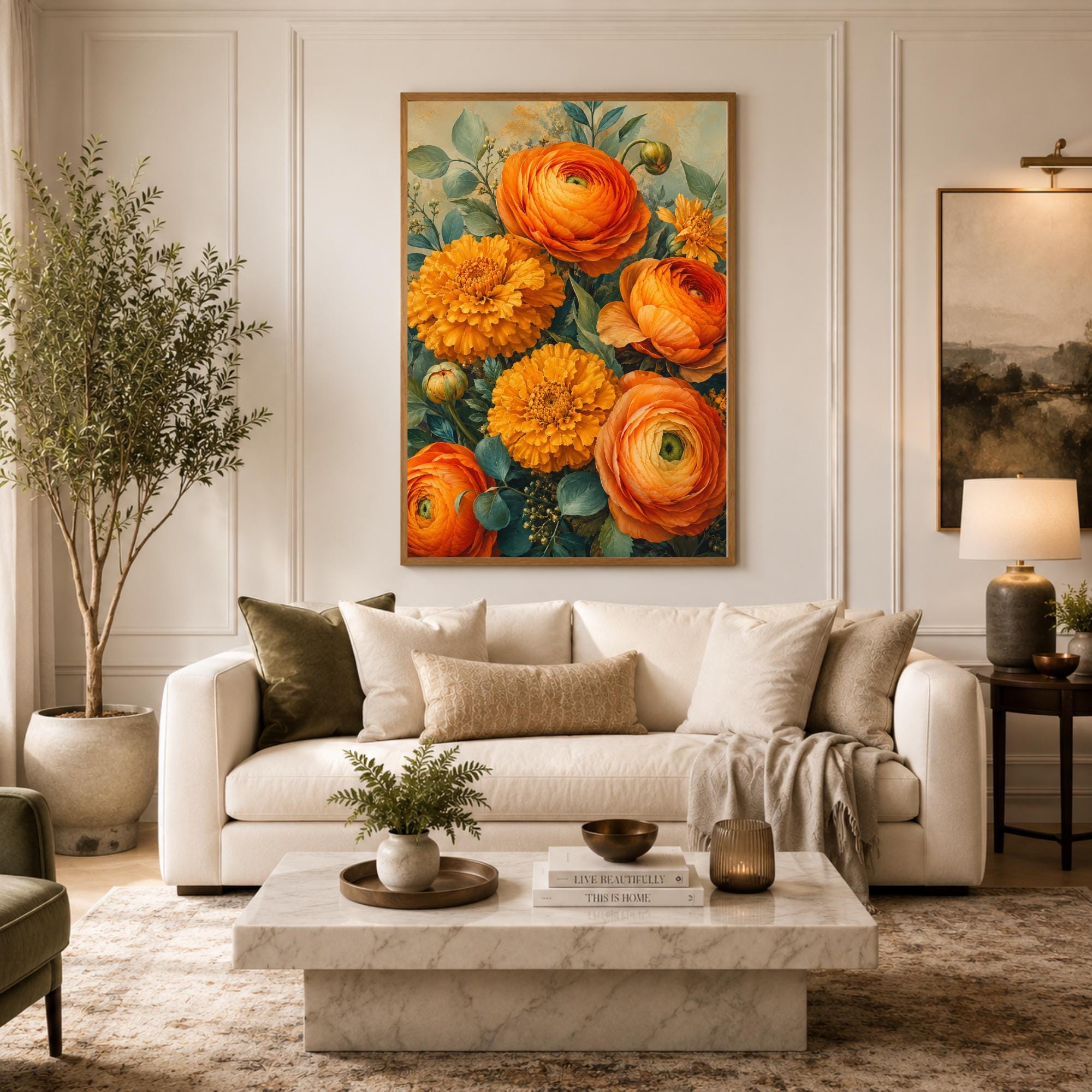 Marigold Flower Wall Art, Canvas Print, Poster, Framed Canvas, Warm Botanical Decor, Vintage Garden Artwork For Cozy Bedroom Accent