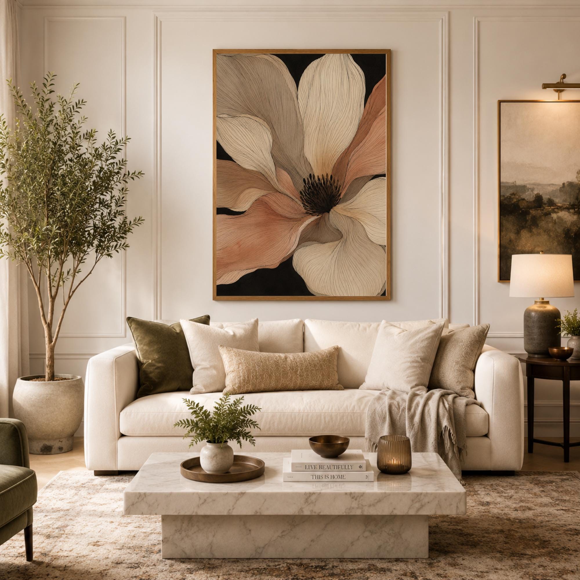 Oversized Flower Wall Art, Canvas Print, Poster, Framed Canvas, Neutral Botanical Decor, Modern Minimalist Bedroom Wall Accent Decor