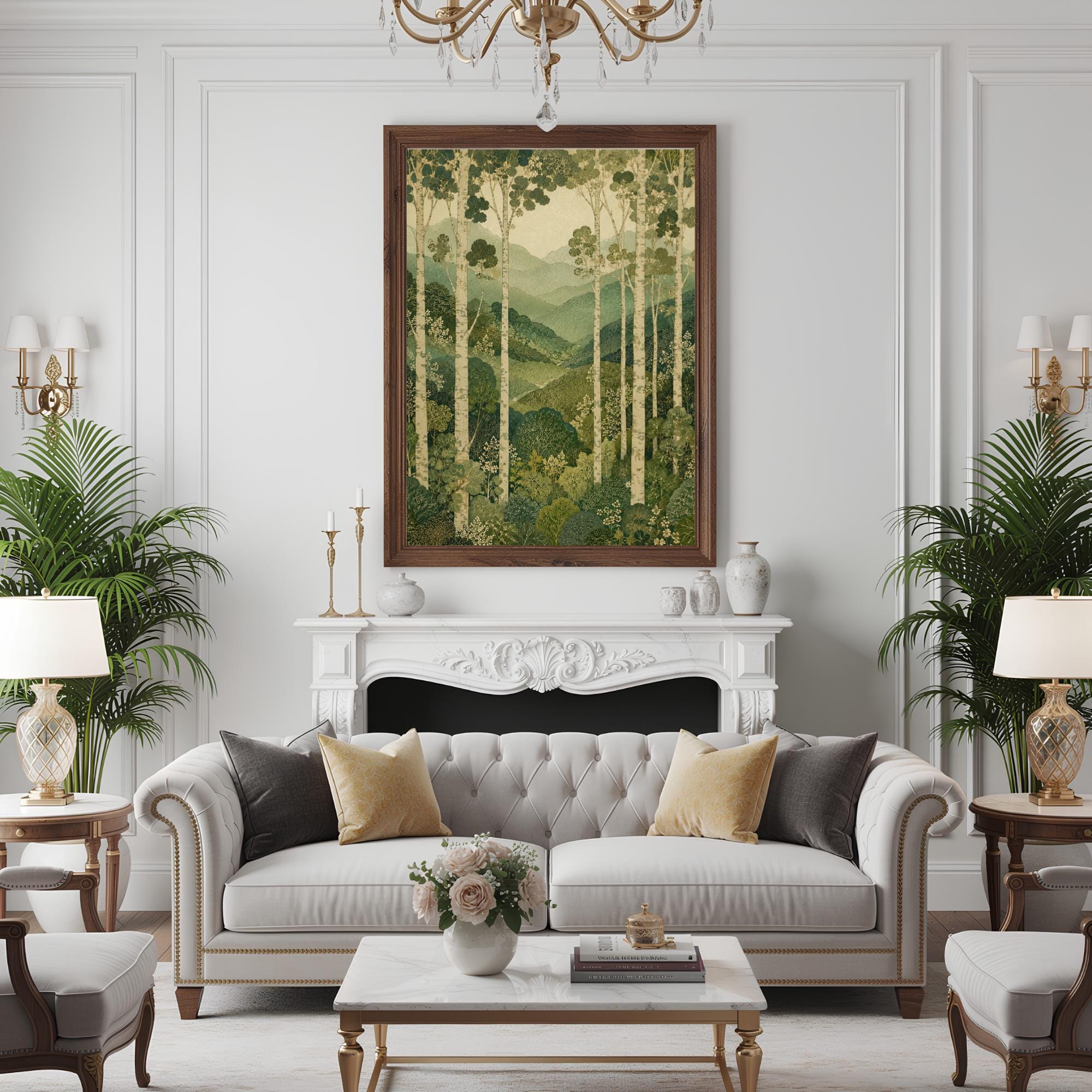 Birch Forest Wall Art, Canvas Print, Poster, Framed Canvas, Green Mountain Decor, Woodland Nature Artwork For Cottagecore Home Poster