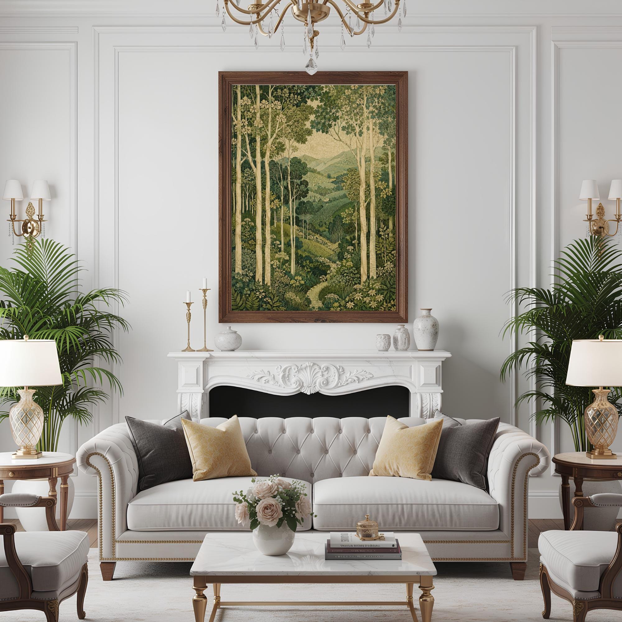Green Forest Wall Art, Canvas Print, Poster, Framed Canvas, Birch Tree Decor, Woodland Mountain Artwork For Bathroom Spa Decor Accent