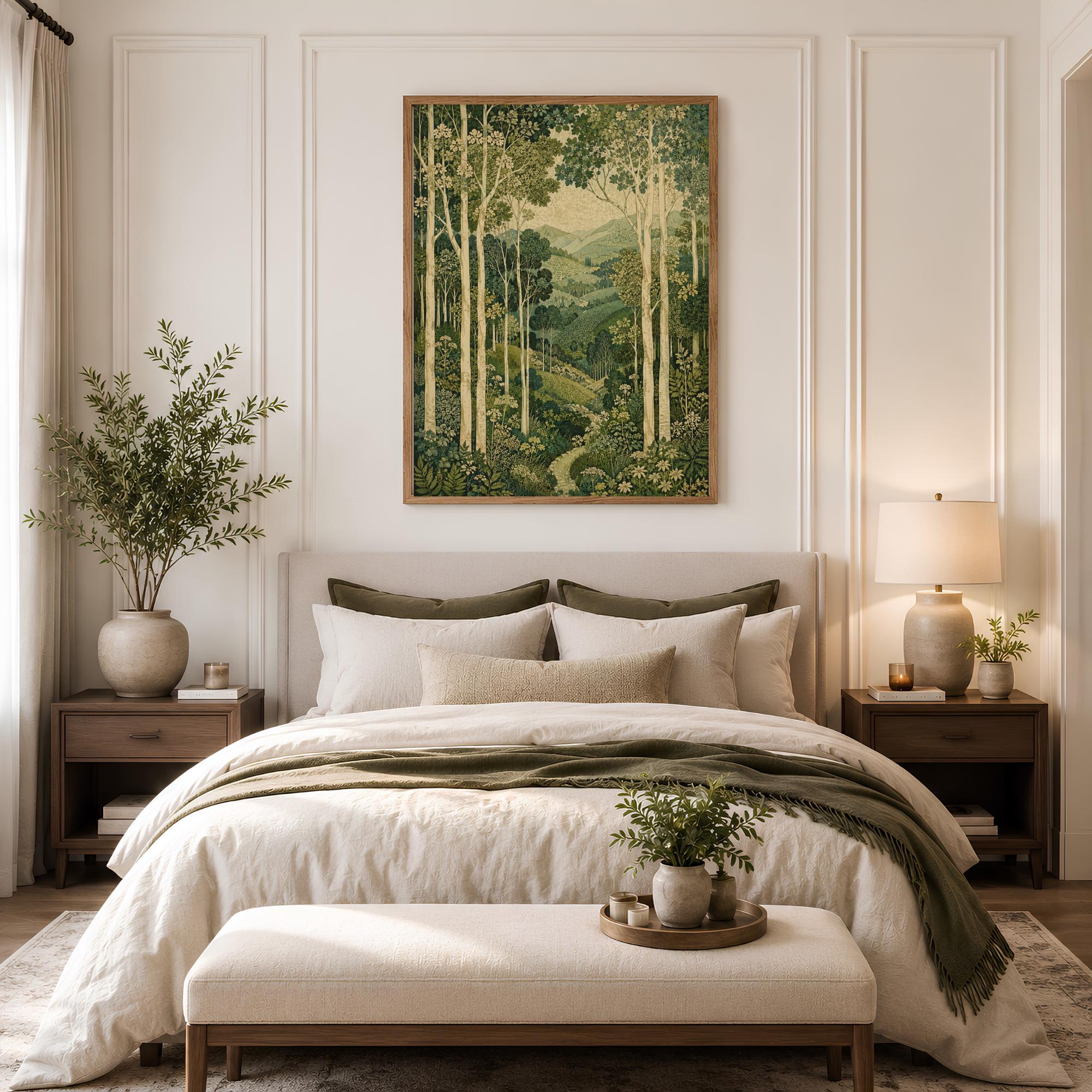 Green Forest Wall Art, Canvas Print, Poster, Framed Canvas, Birch Tree Decor, Woodland Mountain Artwork For Bathroom Spa Decor Accent