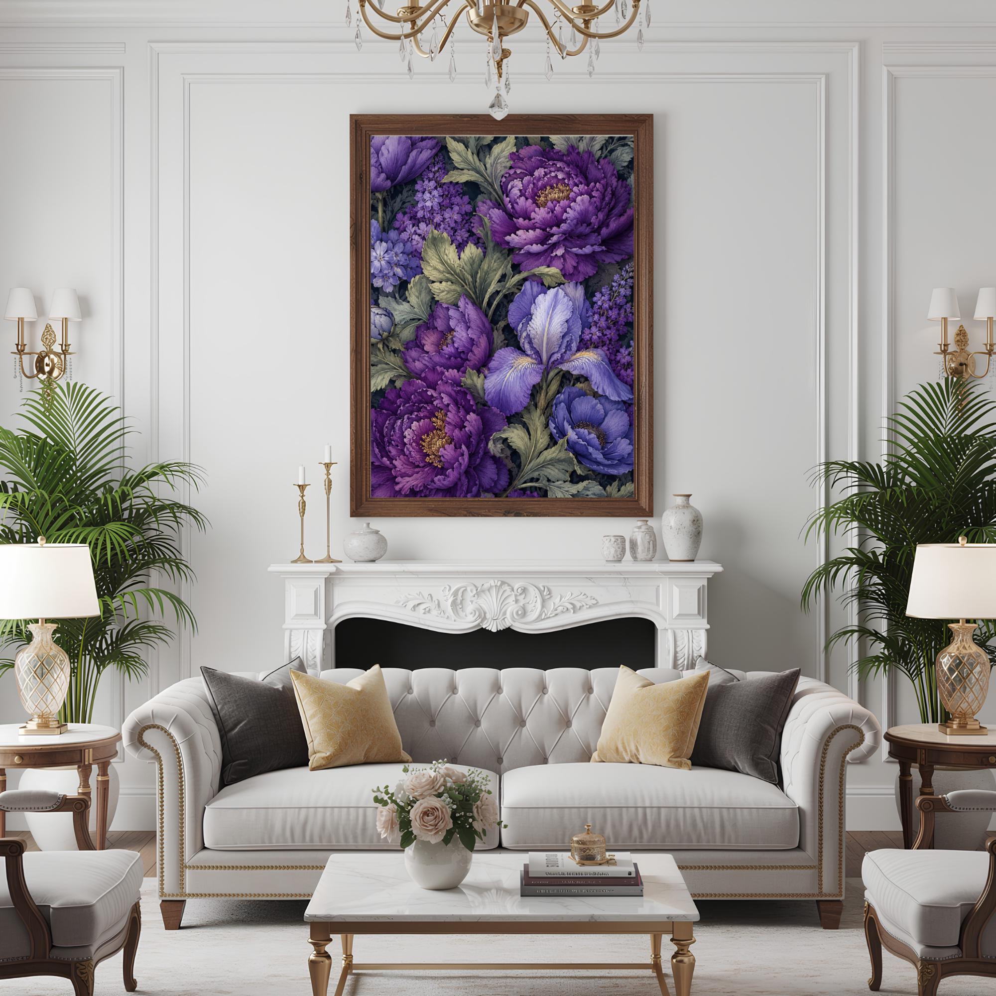 Purple Peony Wall Art, Canvas Print, Poster, Framed Canvas, Iris Flower Decor, Vintage Botanical Artwork For Dining Room Accent Print