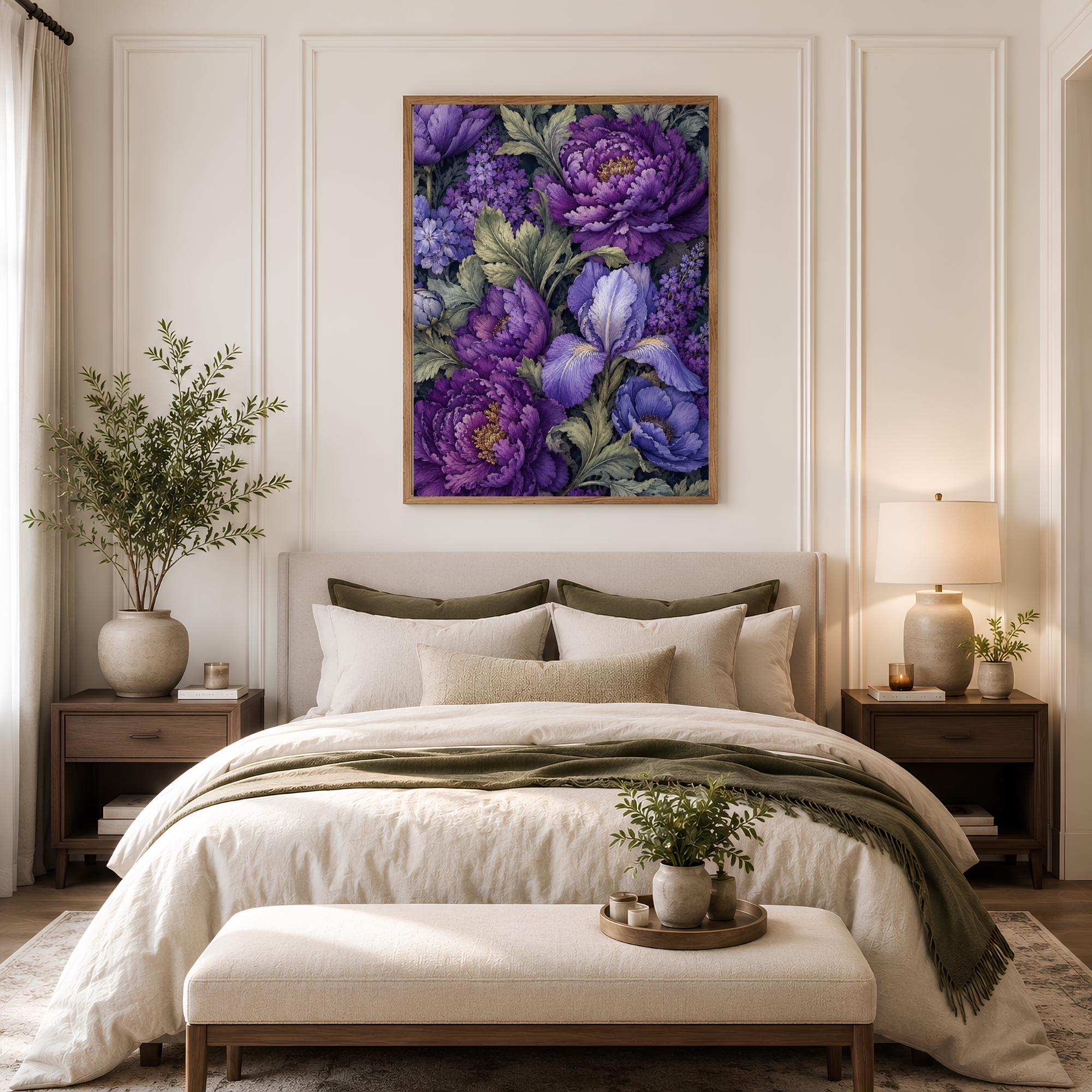 Purple Peony Wall Art, Canvas Print, Poster, Framed Canvas, Iris Flower Decor, Vintage Botanical Artwork For Dining Room Accent Print