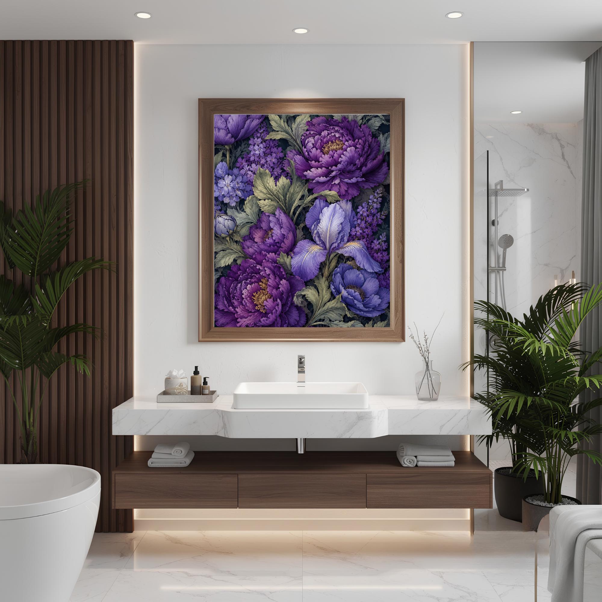 Purple Peony Wall Art, Canvas Print, Poster, Framed Canvas, Iris Flower Decor, Vintage Botanical Artwork For Dining Room Accent Print