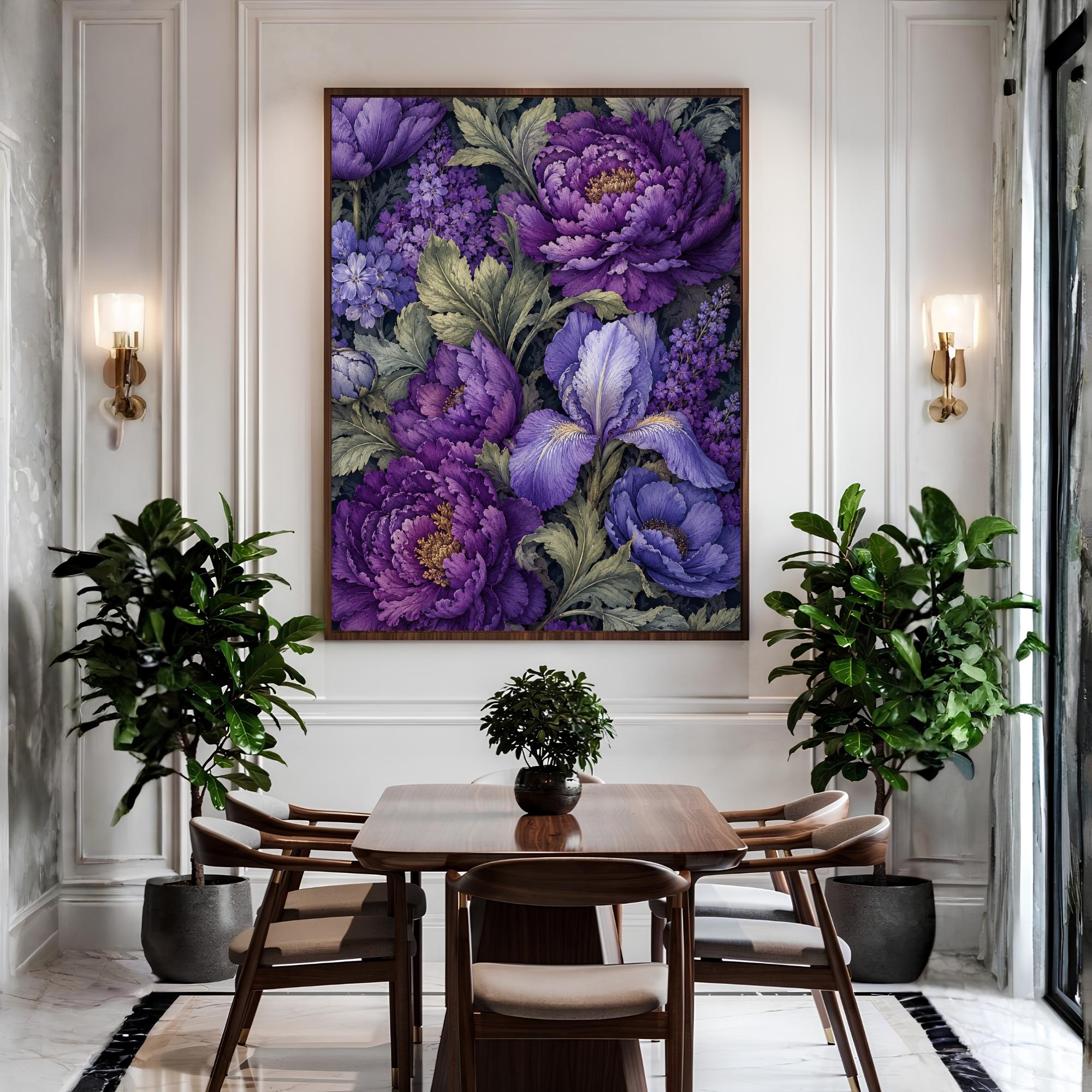 Purple Peony Wall Art, Canvas Print, Poster, Framed Canvas, Iris Flower Decor, Vintage Botanical Artwork For Dining Room Accent Print