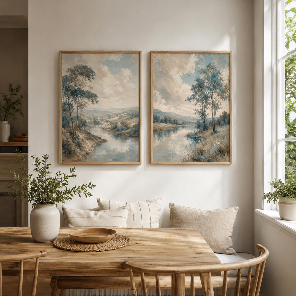 Set of 2 Landscape Canvas Wall Art, Blue River Prints, Rustic Farmhouse Decor, Vintage Nature Artwork, Cottage Living Room Wall Decor Set