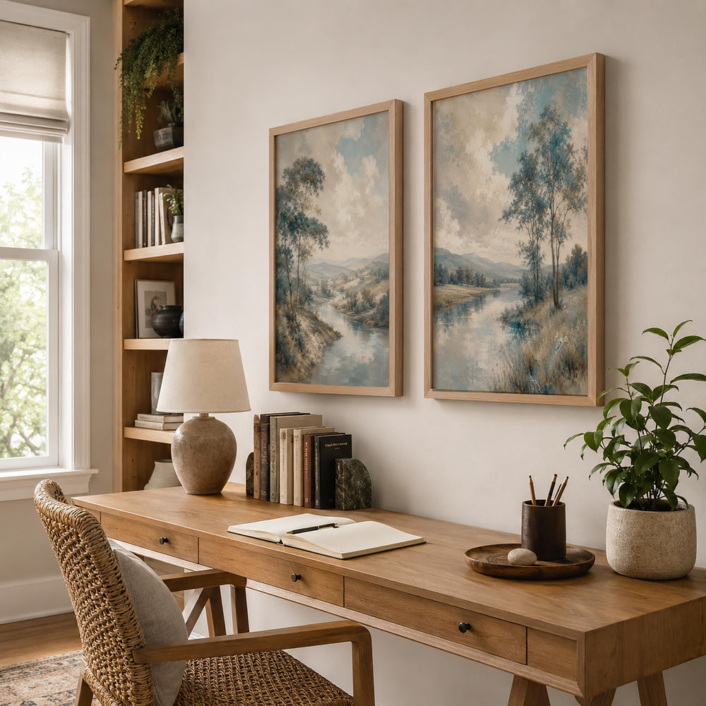 Set of 2 Landscape Canvas Wall Art, Blue River Prints, Rustic Farmhouse Decor, Vintage Nature Artwork, Cottage Living Room Wall Decor Set
