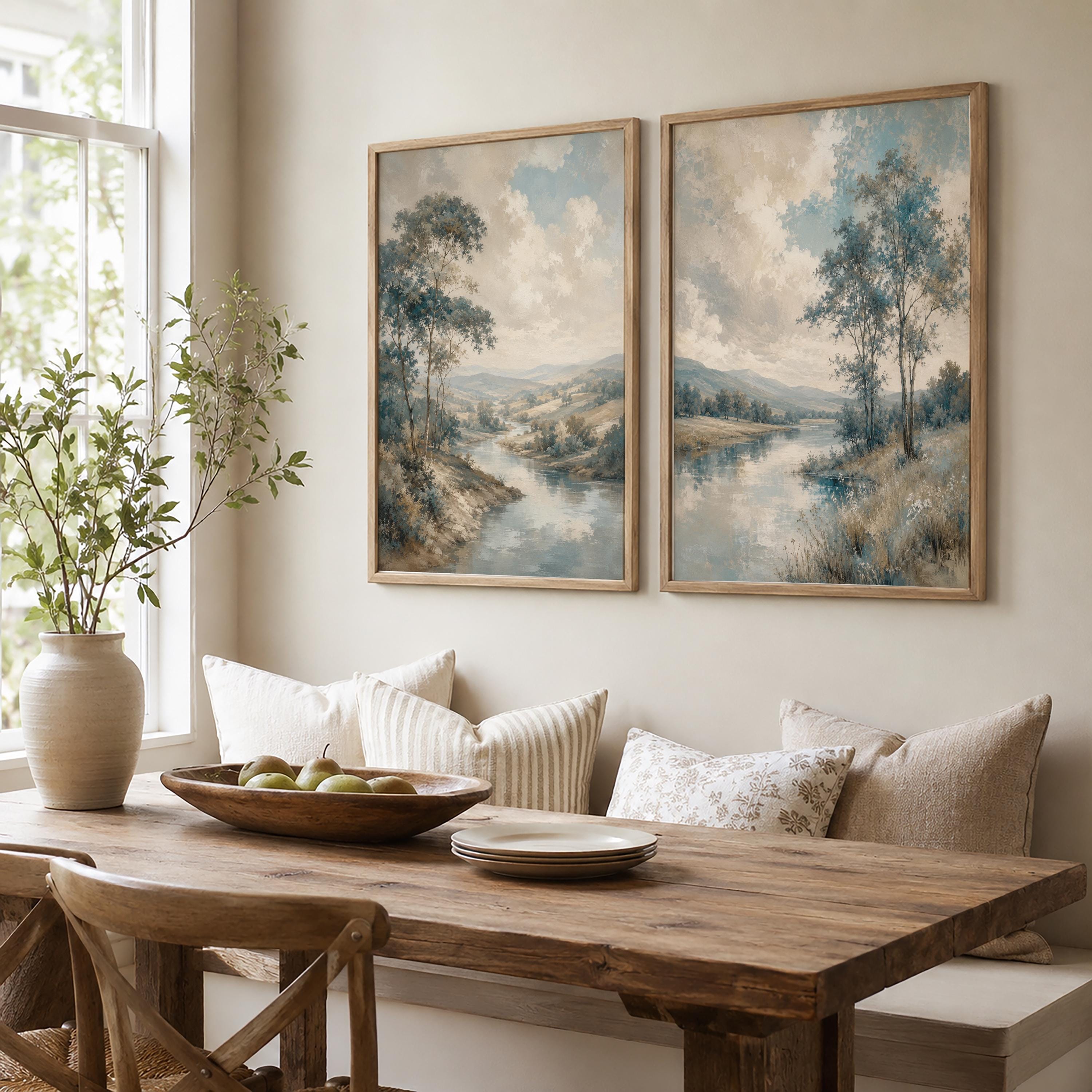 Set of 2 Landscape Canvas Wall Art, Blue River Prints, Rustic Farmhouse Decor, Vintage Nature Artwork, Cottage Living Room Wall Decor Set