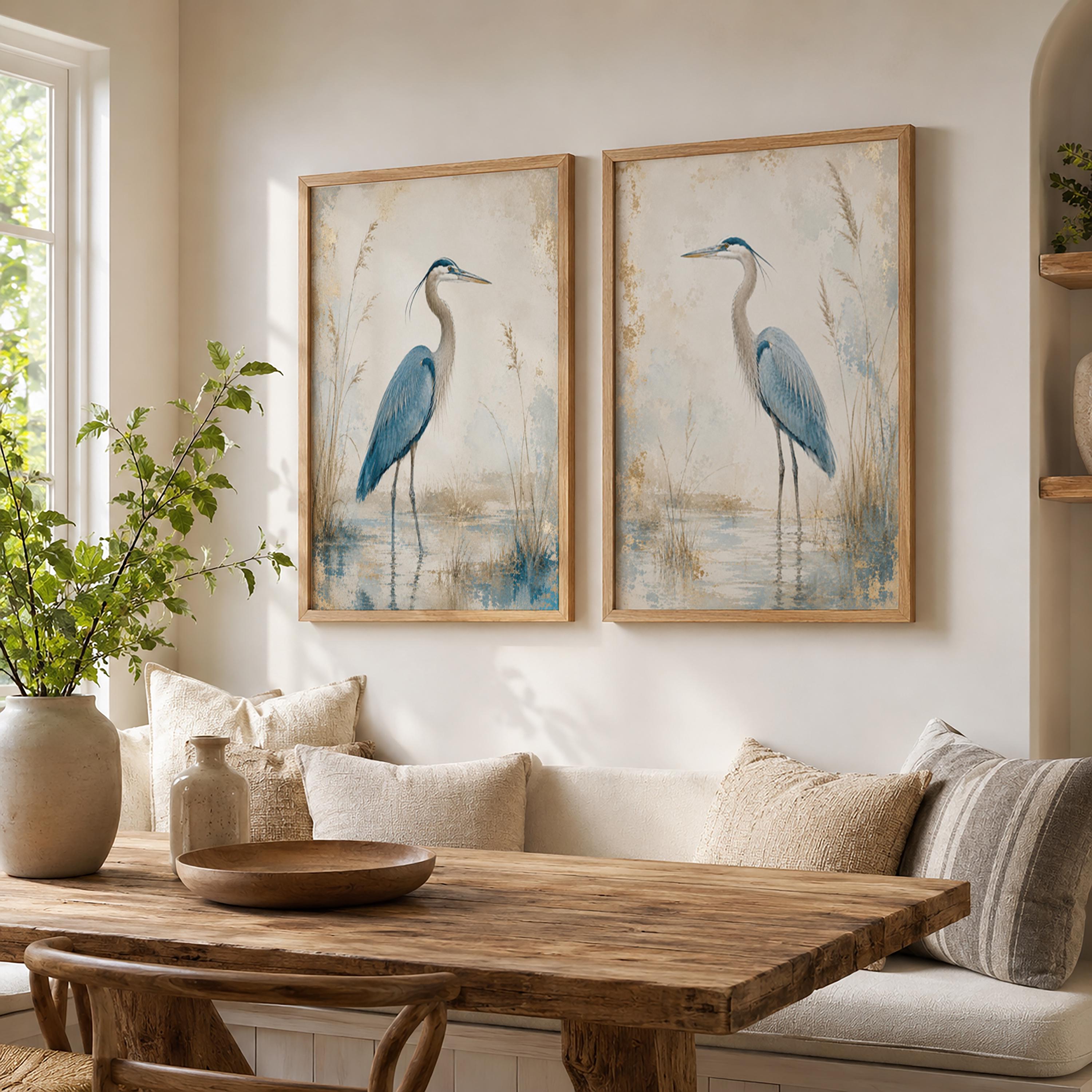Set of 2 Blue Heron Canvas Wall Art, Coastal Bird Prints, Rustic Farmhouse Decor, Lake House Artwork, Nature Wall Decor Pair