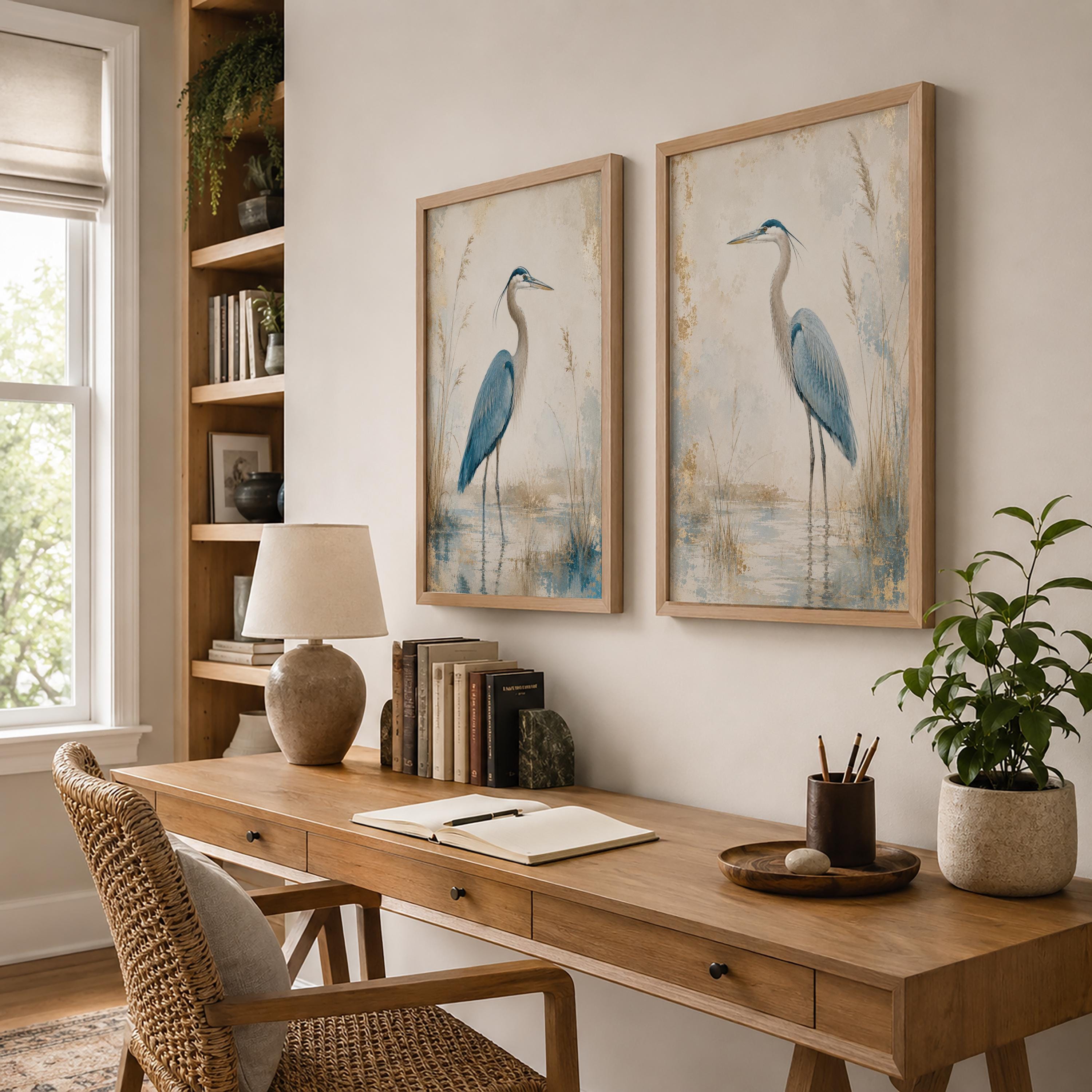 Set of 2 Blue Heron Canvas Wall Art, Coastal Bird Prints, Rustic Farmhouse Decor, Lake House Artwork, Nature Wall Decor Pair