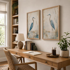 Set of 2 Blue Heron Canvas Wall Art, Coastal Bird Prints, Rustic Farmhouse Decor, Lake House Artwork, Nature Wall Decor Pair
