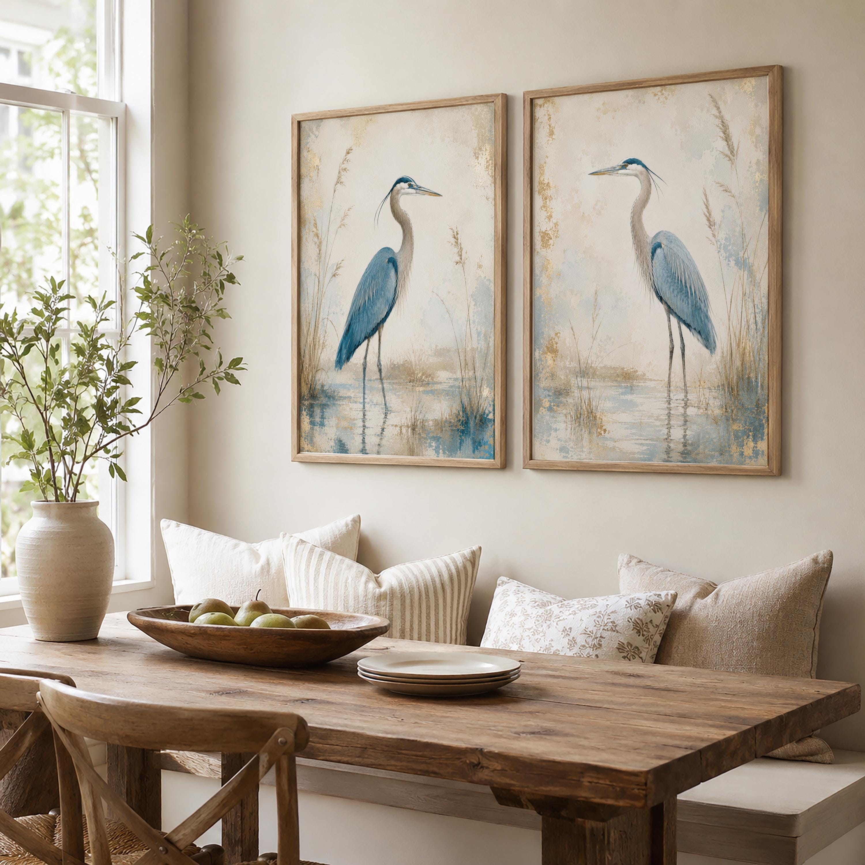 Set of 2 Blue Heron Canvas Wall Art, Coastal Bird Prints, Rustic Farmhouse Decor, Lake House Artwork, Nature Wall Decor Pair
