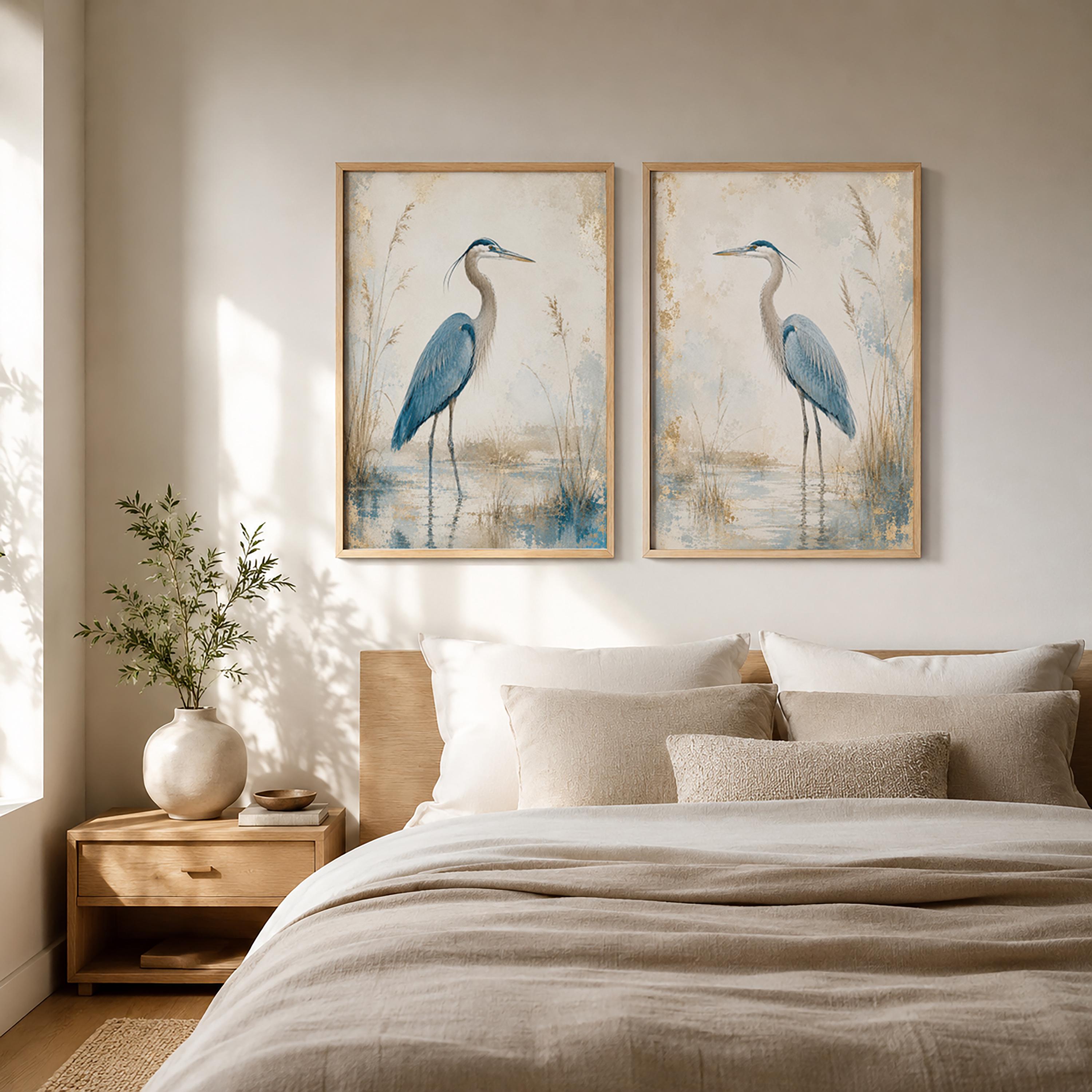 Set of 2 Blue Heron Canvas Wall Art, Coastal Bird Prints, Rustic Farmhouse Decor, Lake House Artwork, Nature Wall Decor Pair