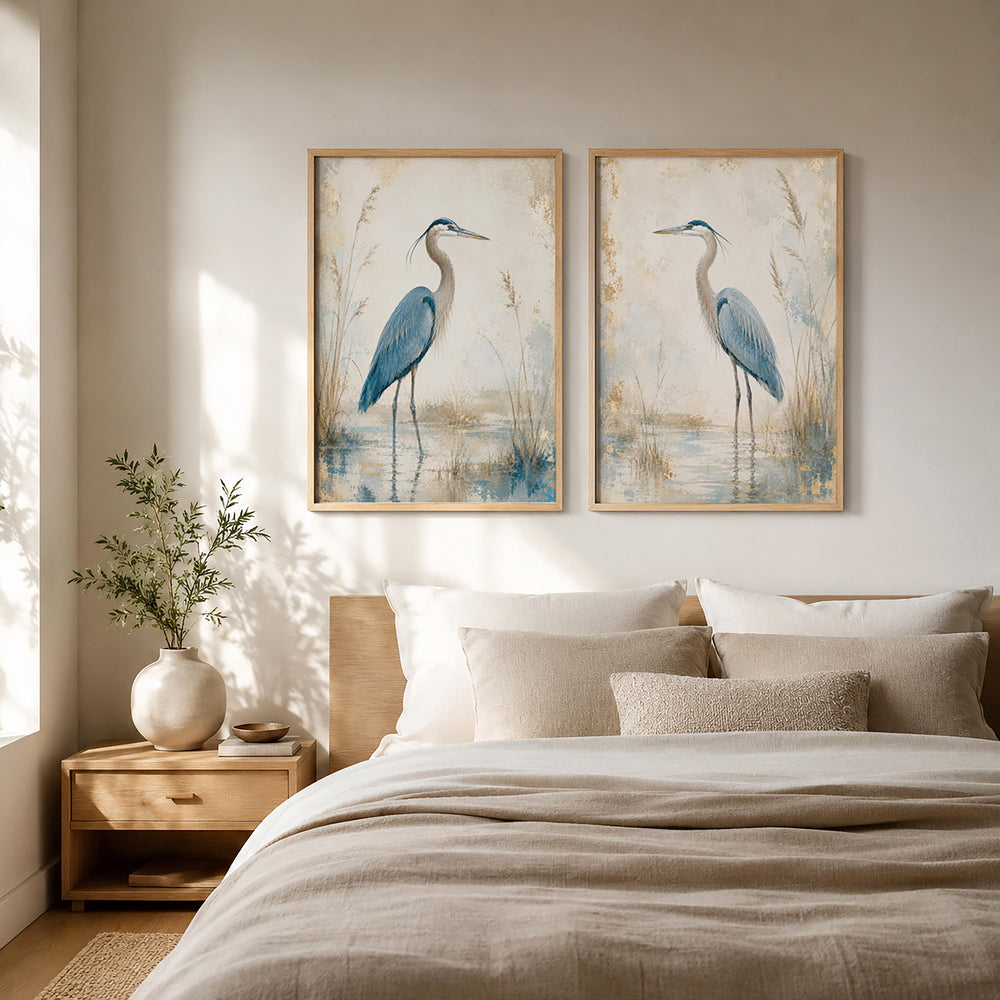 Set of 2 Blue Heron Canvas Wall Art, Coastal Bird Prints, Rustic Farmhouse Decor, Lake House Artwork, Nature Wall Decor Pair