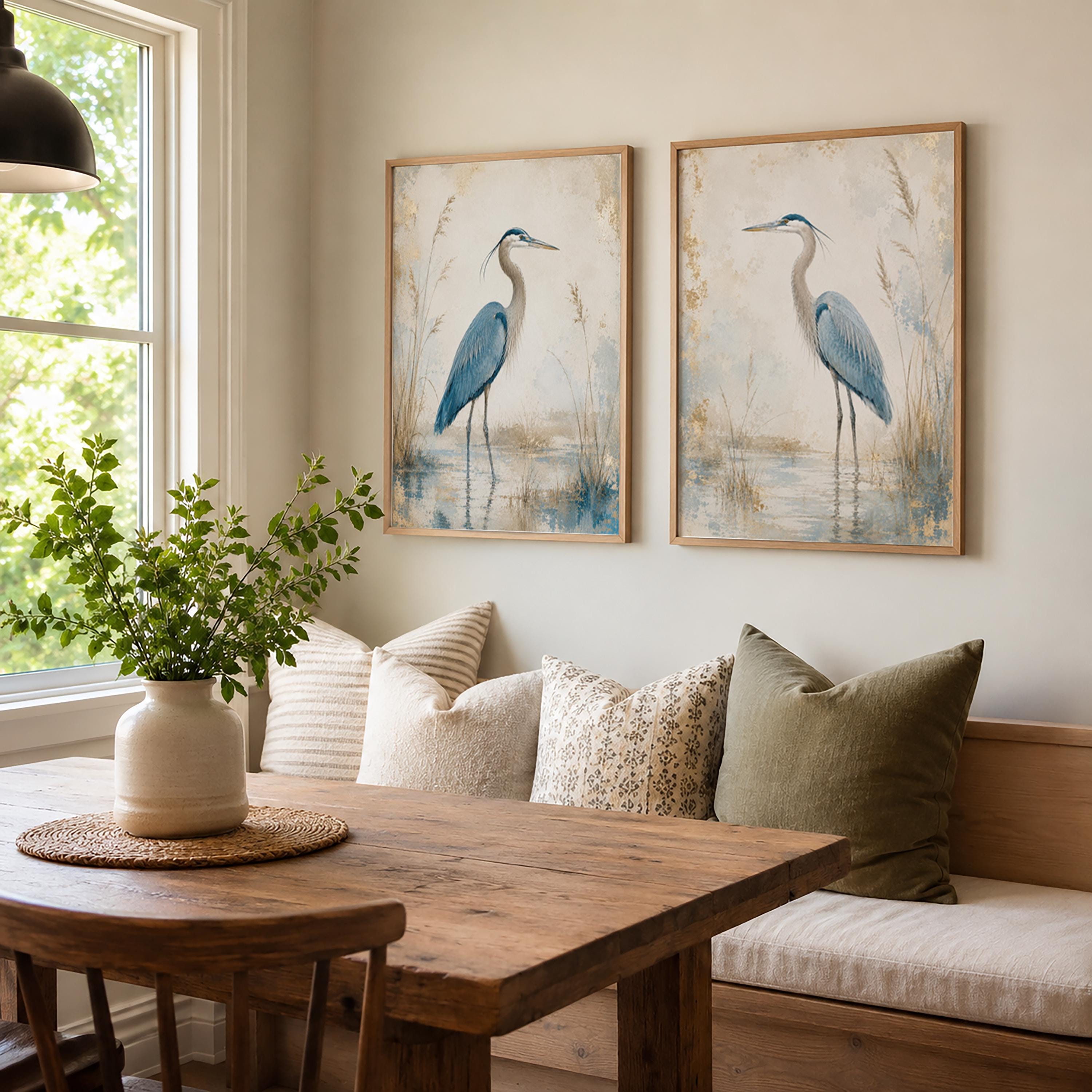 Set of 2 Blue Heron Canvas Wall Art, Coastal Bird Prints, Rustic Farmhouse Decor, Lake House Artwork, Nature Wall Decor Pair