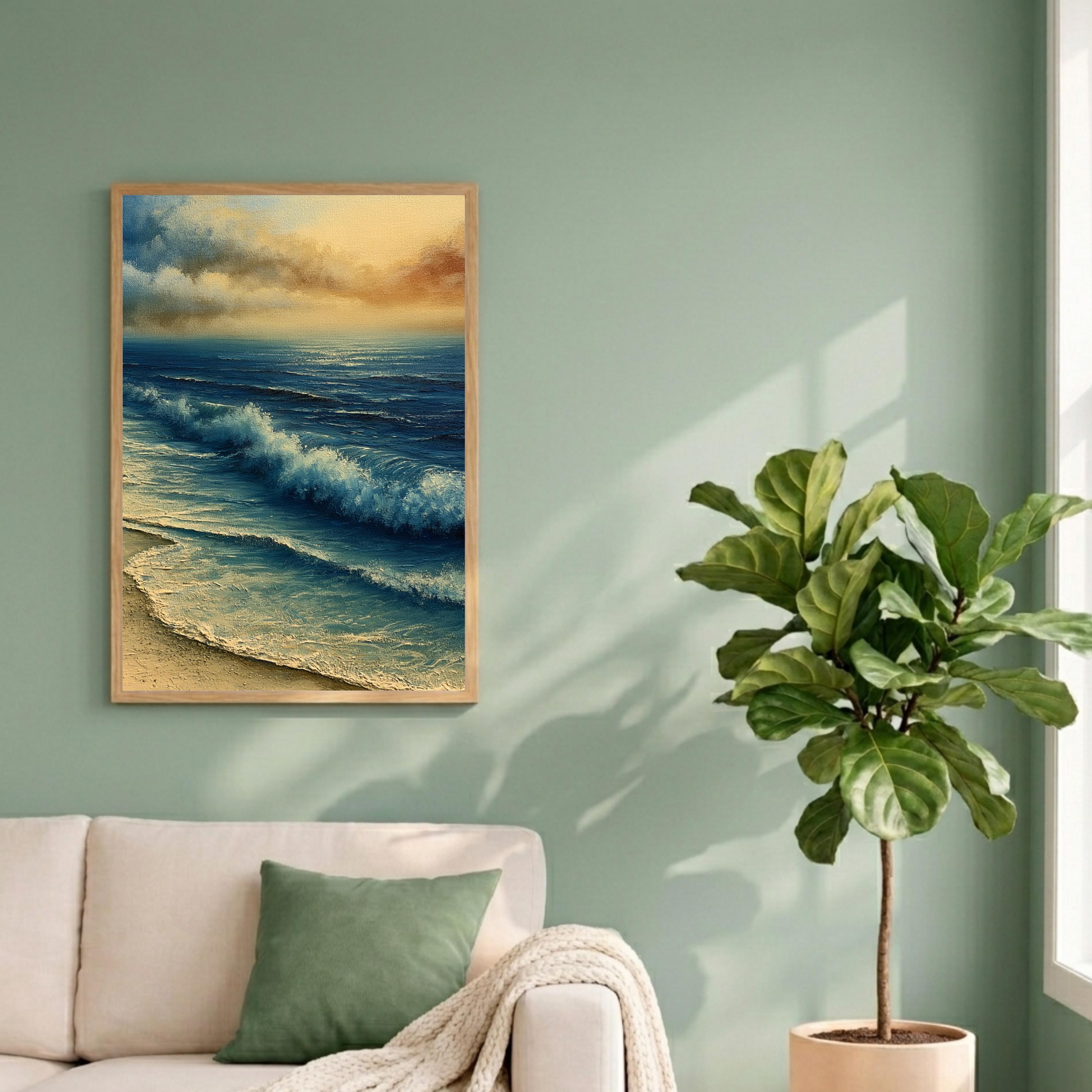 Ocean Waves Portrait Wall Art Print, Framed Art Print for Living Room, Coastal Beach Wall Decor, Aqua Blue Neutral Seascape