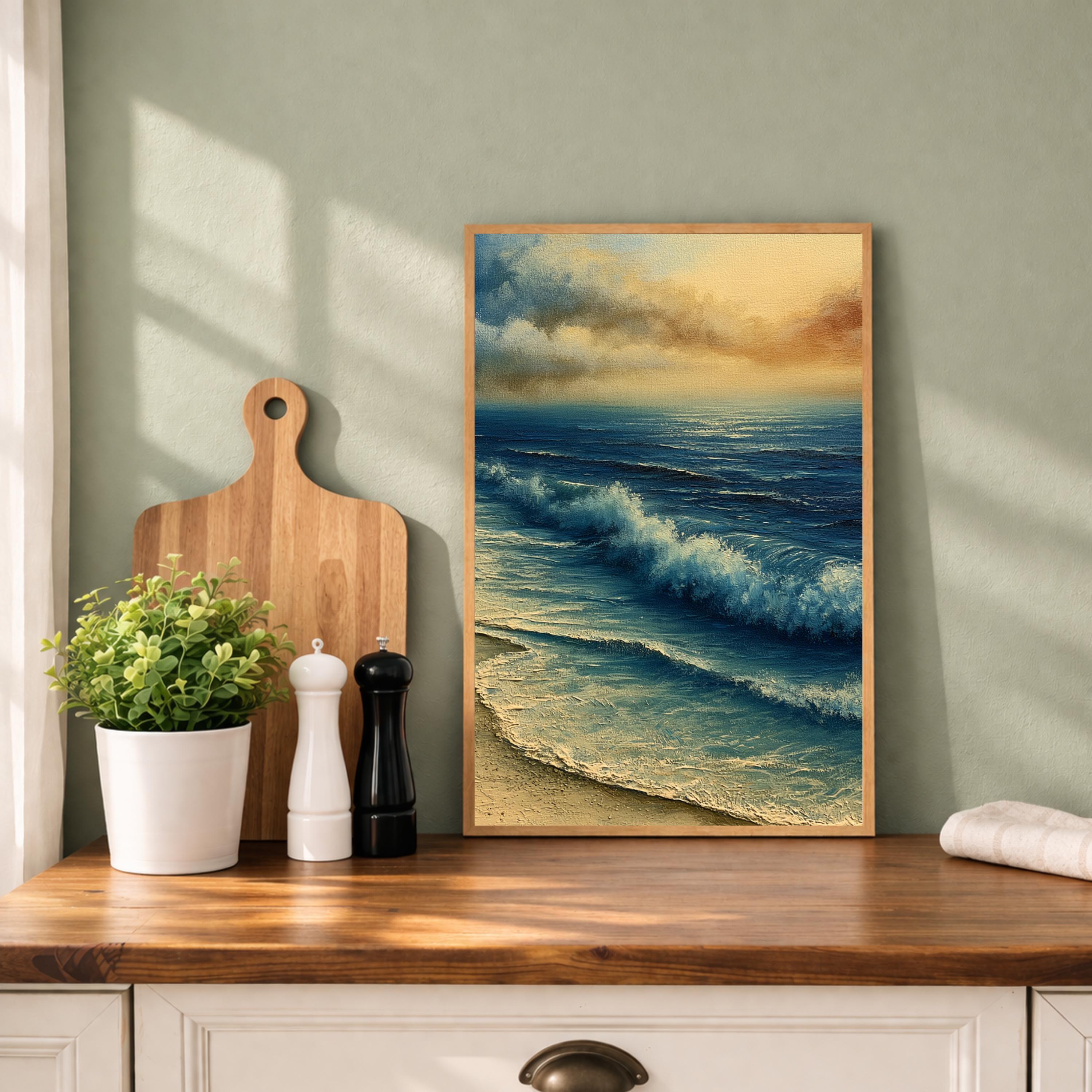 Ocean Waves Portrait Wall Art Print, Framed Art Print for Living Room, Coastal Beach Wall Decor, Aqua Blue Neutral Seascape
