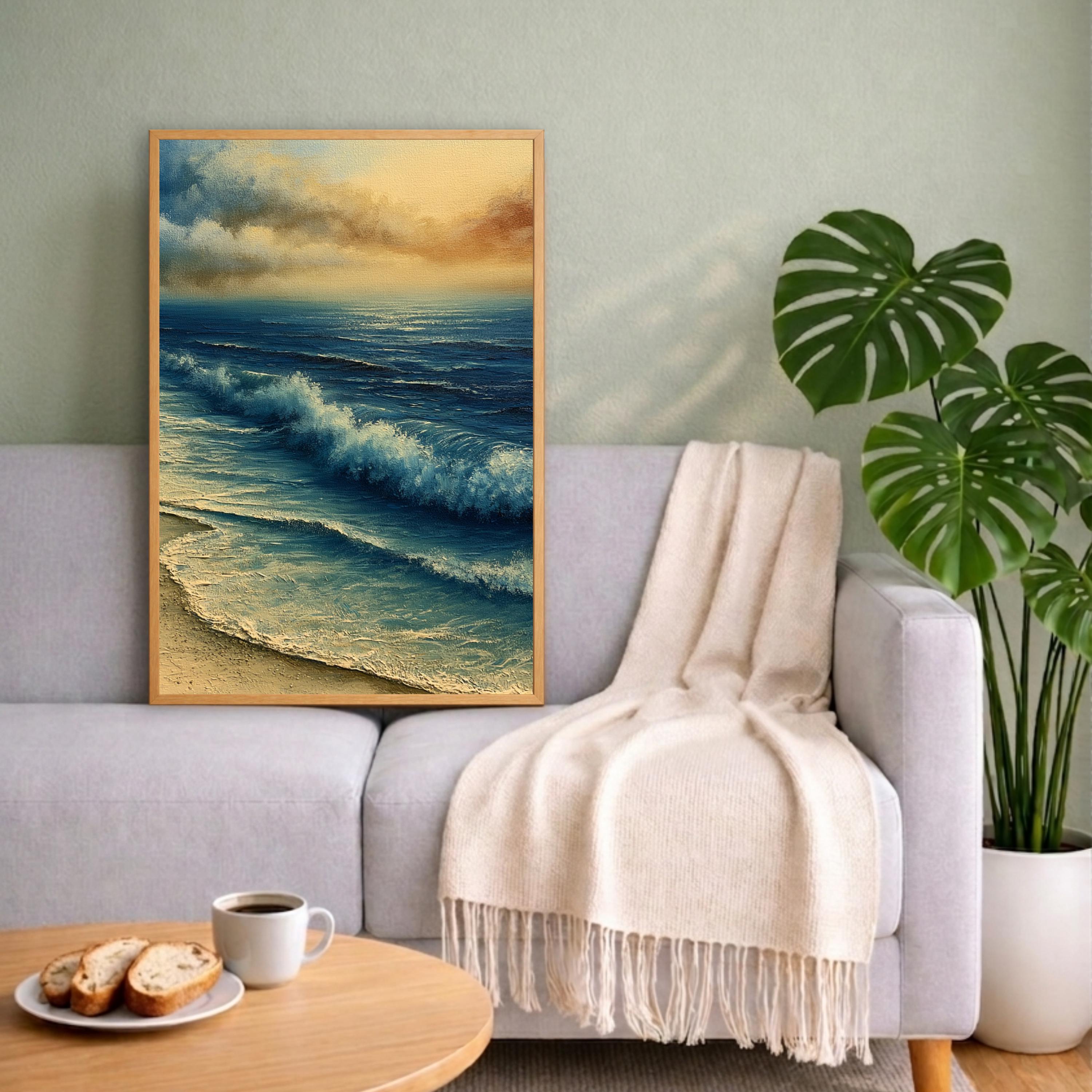 Ocean Waves Portrait Wall Art Print, Framed Art Print for Living Room, Coastal Beach Wall Decor, Aqua Blue Neutral Seascape