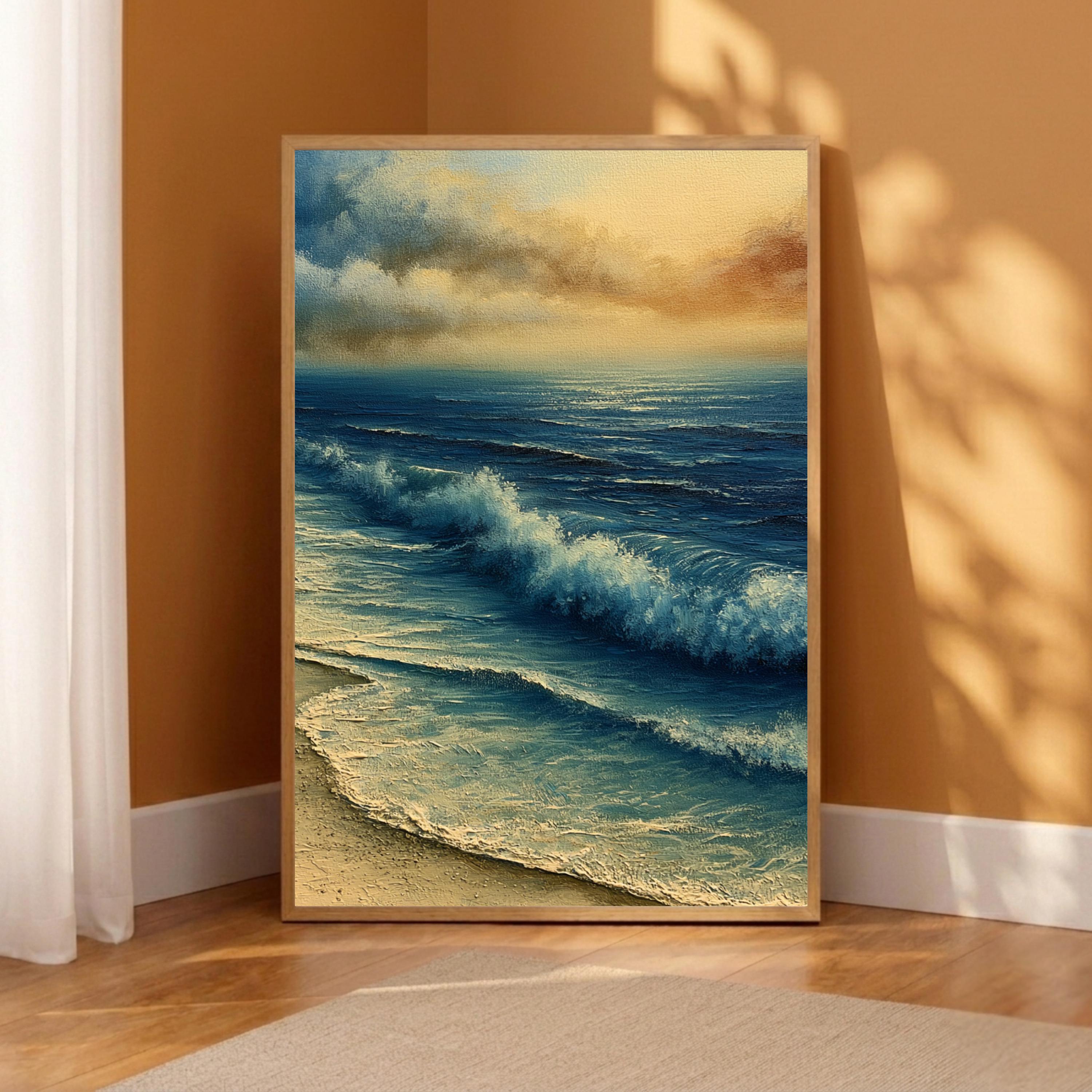 Ocean Waves Portrait Wall Art Print, Framed Art Print for Living Room, Coastal Beach Wall Decor, Aqua Blue Neutral Seascape