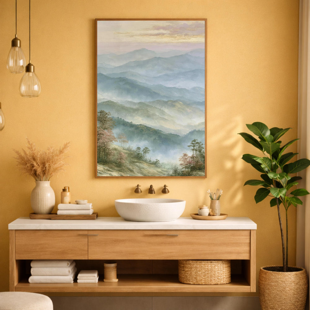 Misty Mountain Wall Art Print, Blue Ridge Mountains Portrait Print, Soft Pastel Landscape Wall Decor, Foggy Forest Vertical Art Print