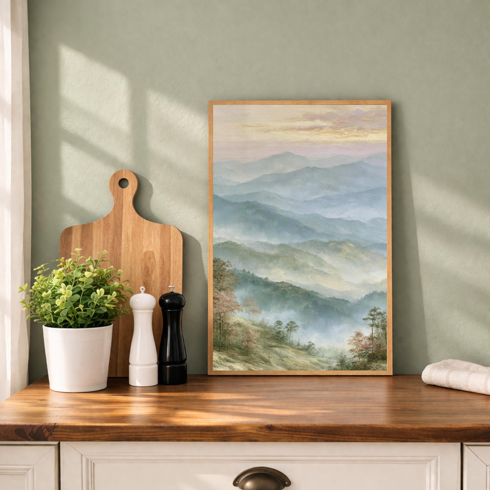 Misty Mountain Wall Art Print, Blue Ridge Mountains Portrait Print, Soft Pastel Landscape Wall Decor, Foggy Forest Vertical Art Print