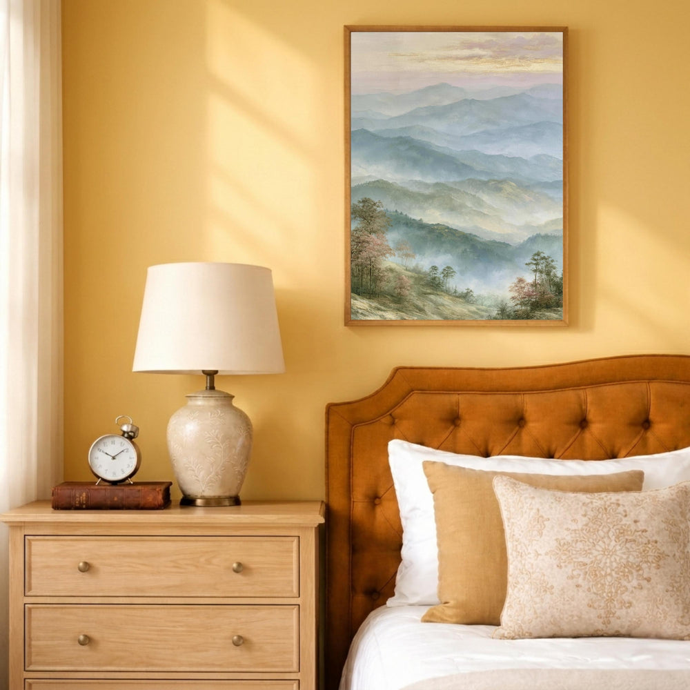 Misty Mountain Wall Art Print, Blue Ridge Mountains Portrait Print, Soft Pastel Landscape Wall Decor, Foggy Forest Vertical Art Print