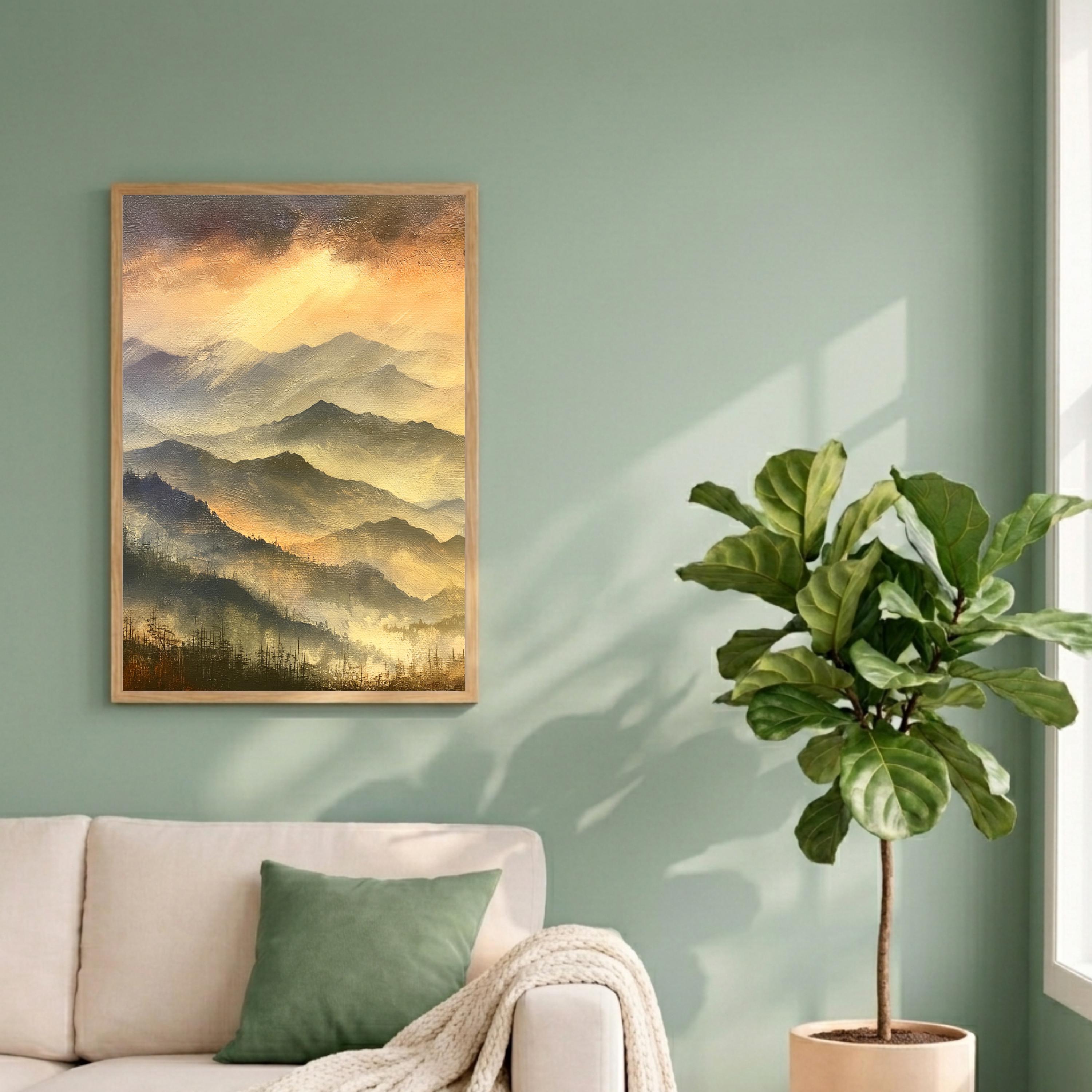 Blue Ridge Mountains Portrait Print, Mountain Sunset Wall Art Print, Warm Amber Landscape Decor, Moody Mountain Canvas Print