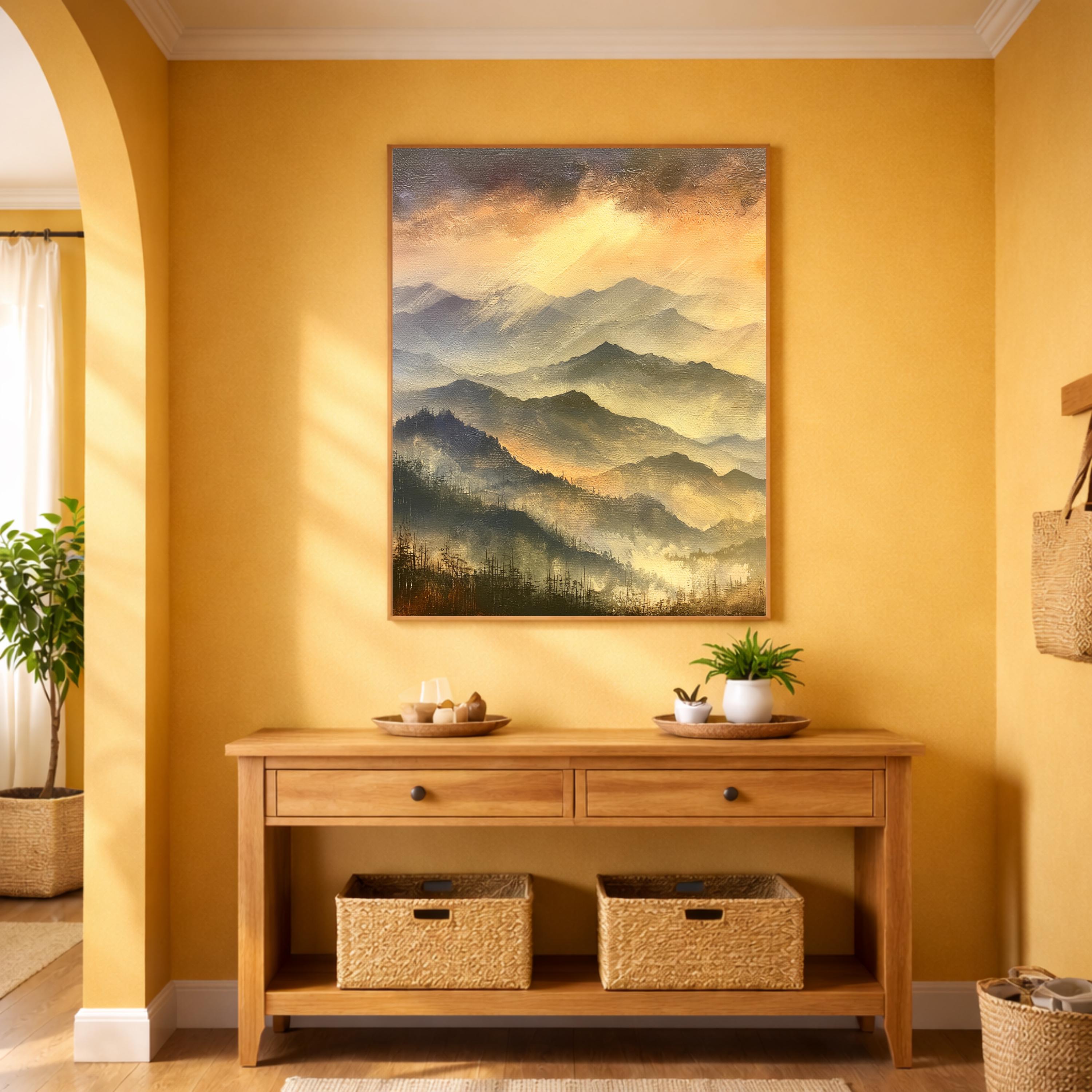 Blue Ridge Mountains Portrait Print, Mountain Sunset Wall Art Print, Warm Amber Landscape Decor, Moody Mountain Canvas Print