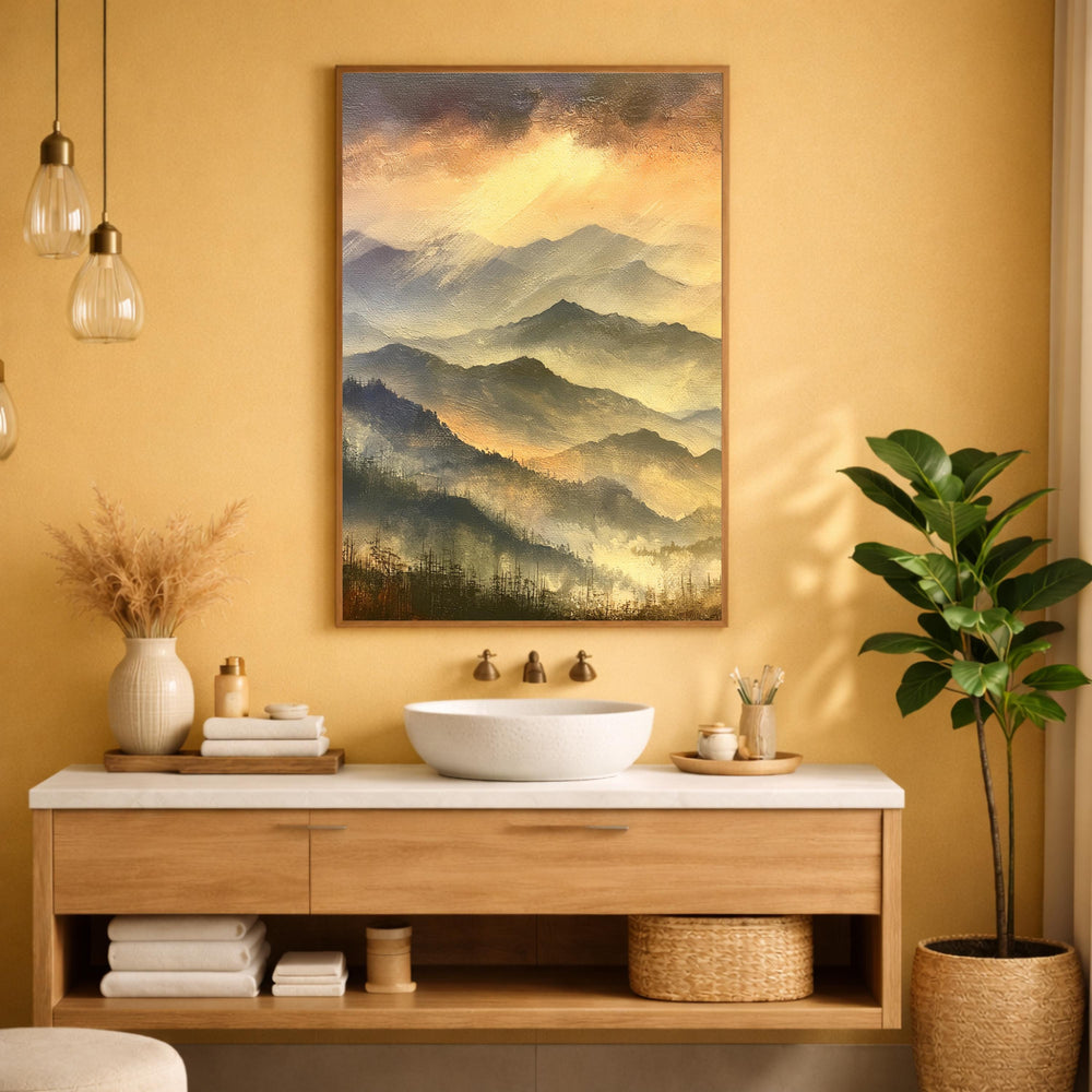 Blue Ridge Mountains Portrait Print, Mountain Sunset Wall Art Print, Warm Amber Landscape Decor, Moody Mountain Canvas Print