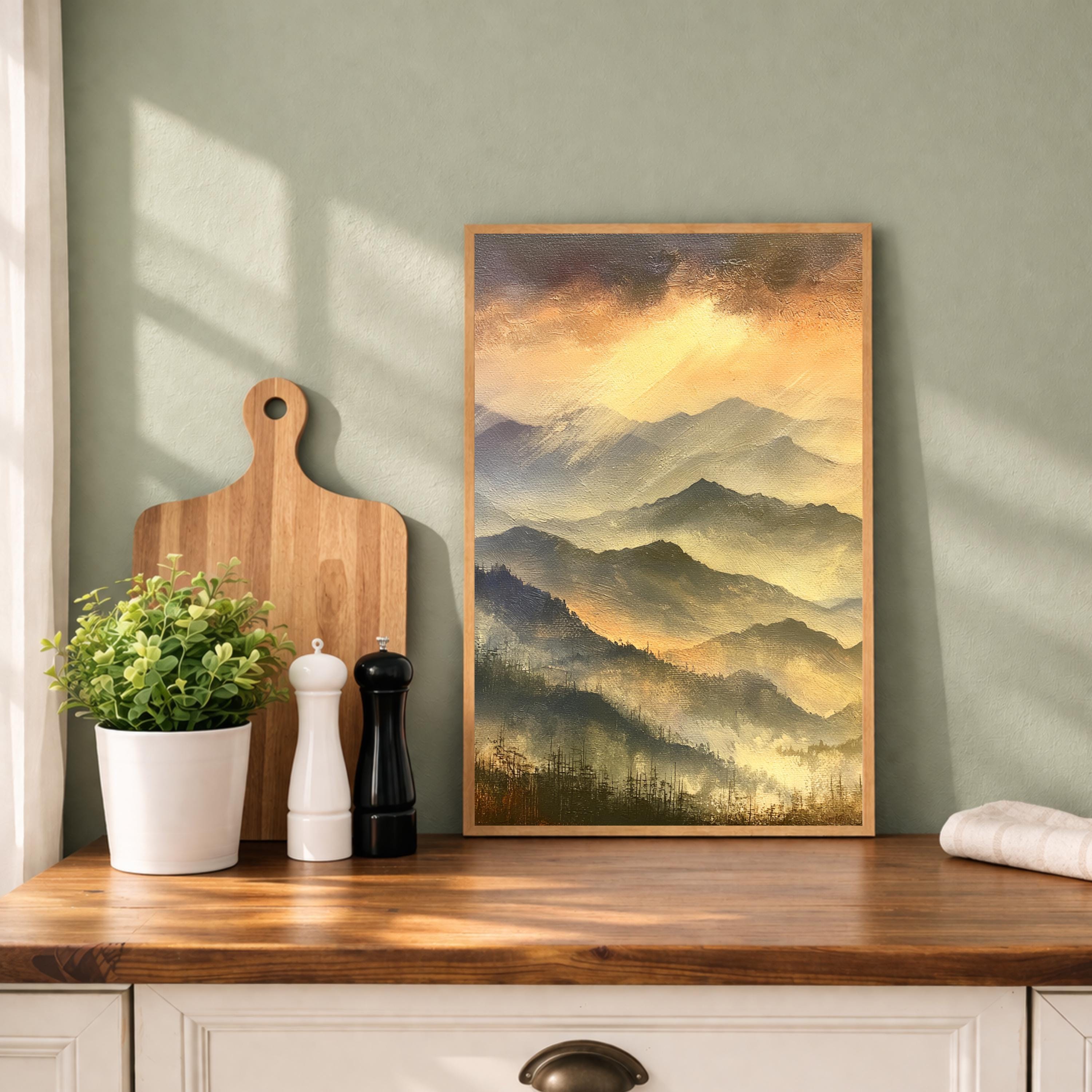 Blue Ridge Mountains Portrait Print, Mountain Sunset Wall Art Print, Warm Amber Landscape Decor, Moody Mountain Canvas Print