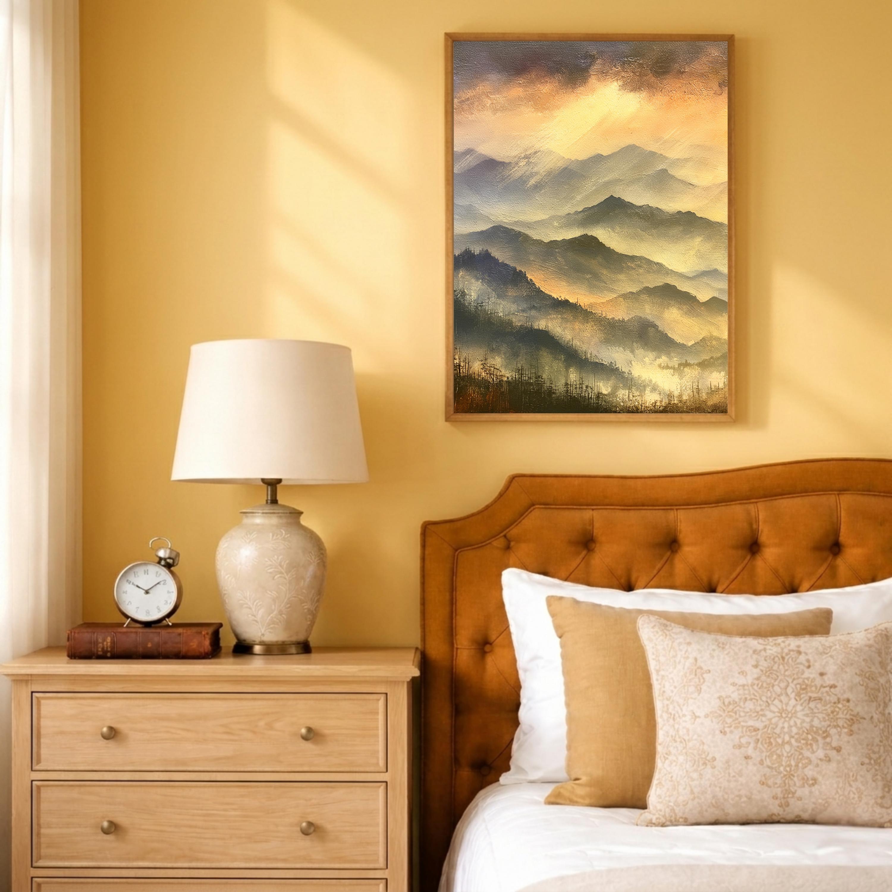 Blue Ridge Mountains Portrait Print, Mountain Sunset Wall Art Print, Warm Amber Landscape Decor, Moody Mountain Canvas Print