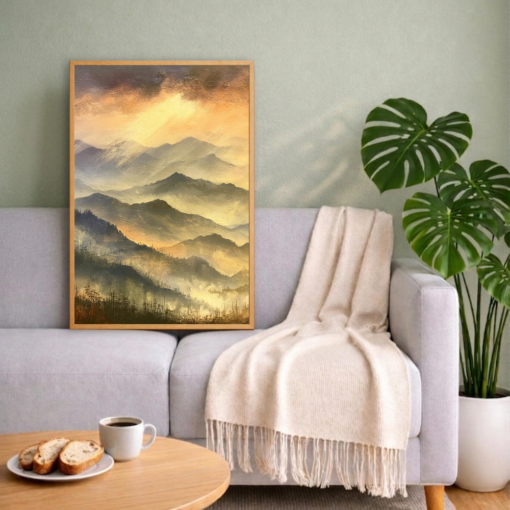 Blue Ridge Mountains Portrait Print, Mountain Sunset Wall Art Print, Warm Amber Landscape Decor, Moody Mountain Canvas Print