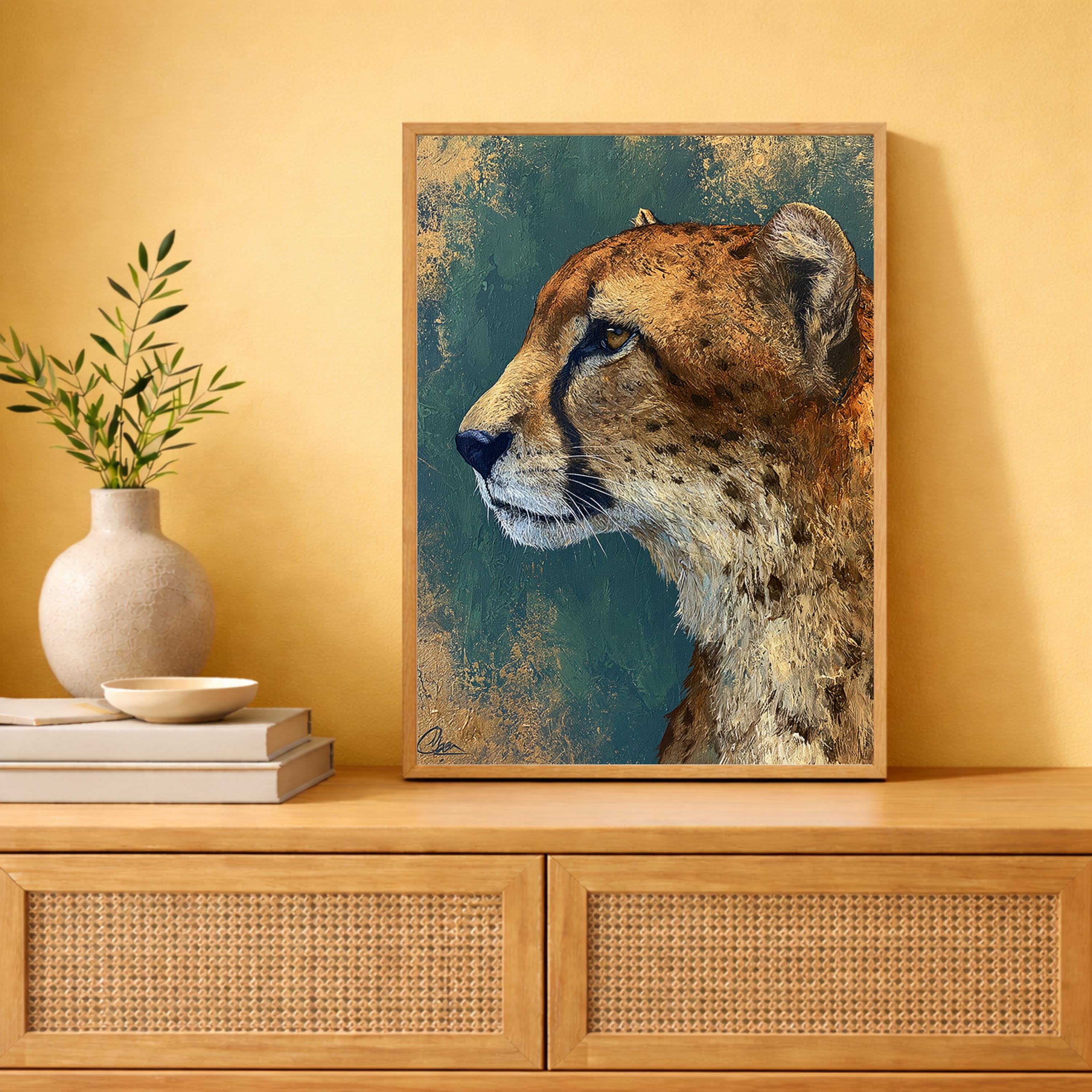 Cheetah Portrait Wall Art Print, Emerald Green Animal Print Decor, Moody Wild Cat Canvas, Teal Gold Wildlife Wall Art,Bold Safari Room Decor