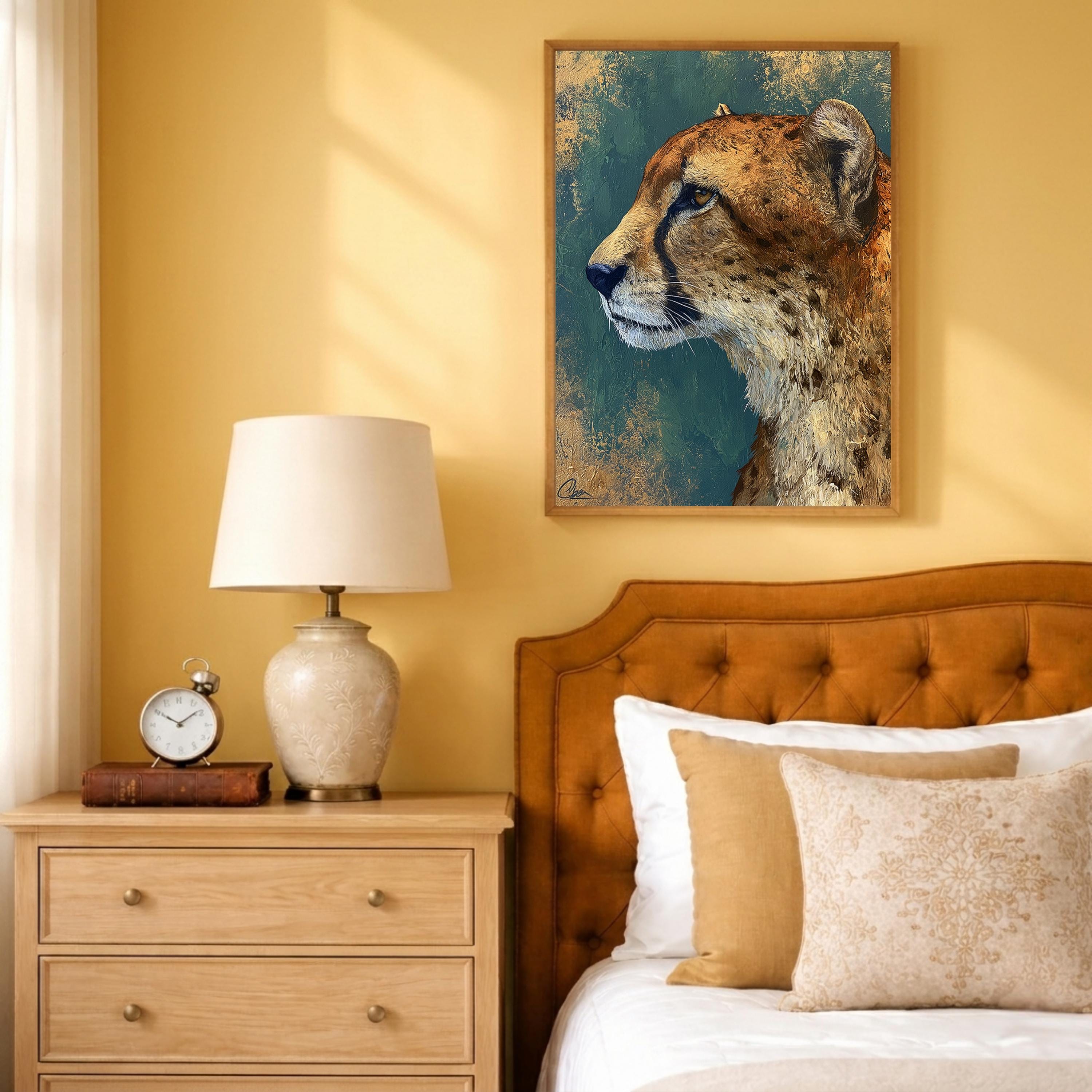 Cheetah Portrait Wall Art Print, Emerald Green Animal Print Decor, Moody Wild Cat Canvas, Teal Gold Wildlife Wall Art,Bold Safari Room Decor