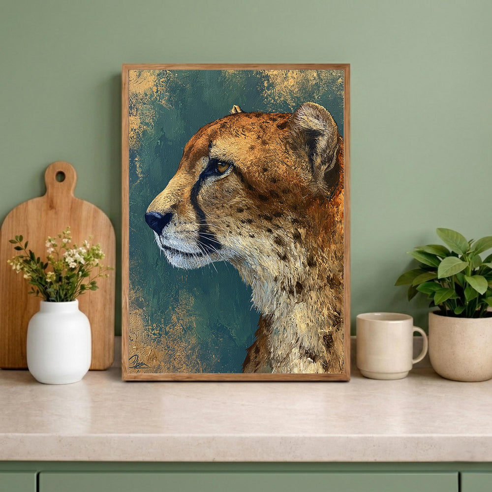 Cheetah Portrait Wall Art Print, Emerald Green Animal Print Decor, Moody Wild Cat Canvas, Teal Gold Wildlife Wall Art,Bold Safari Room Decor