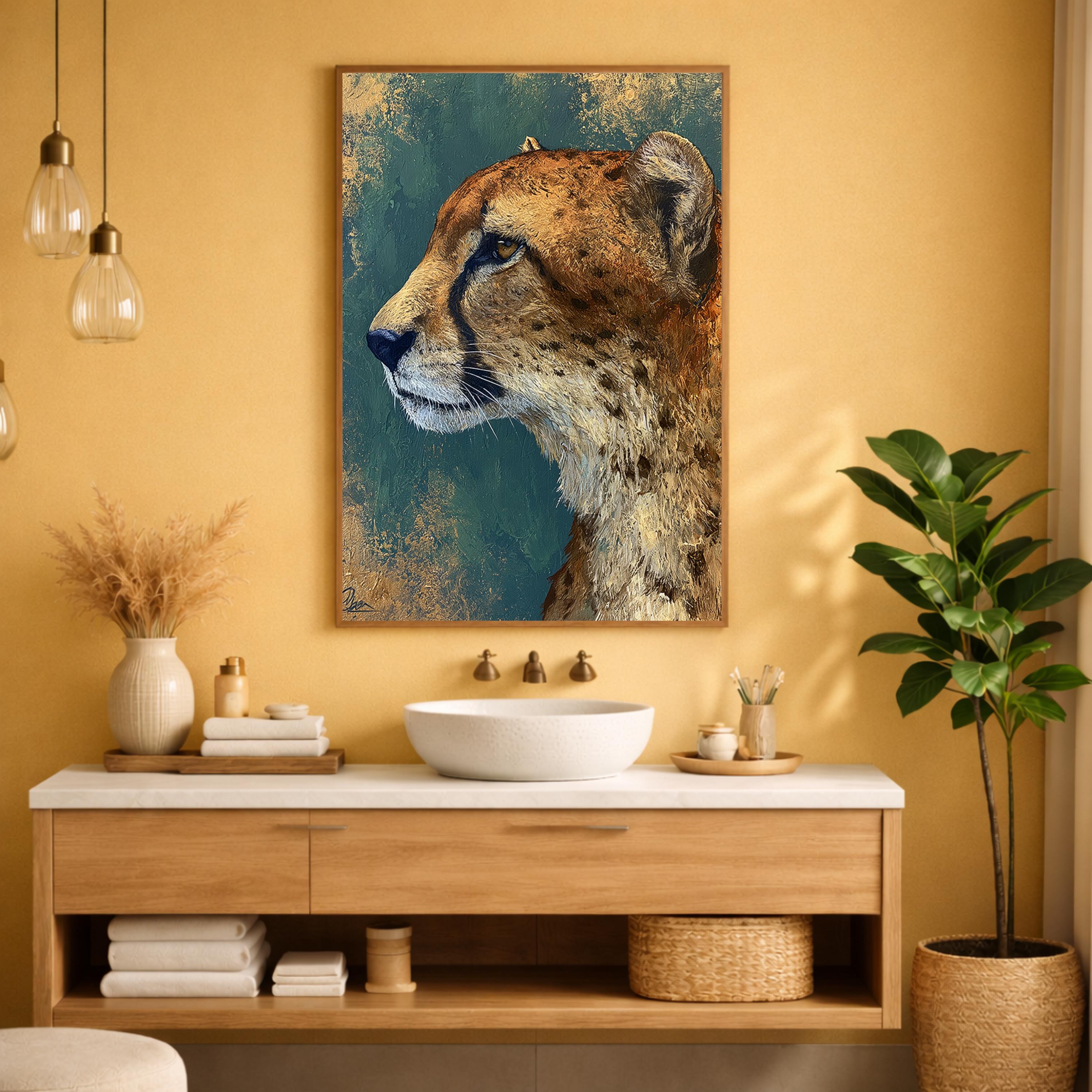 Cheetah Portrait Wall Art Print, Emerald Green Animal Print Decor, Moody Wild Cat Canvas, Teal Gold Wildlife Wall Art,Bold Safari Room Decor